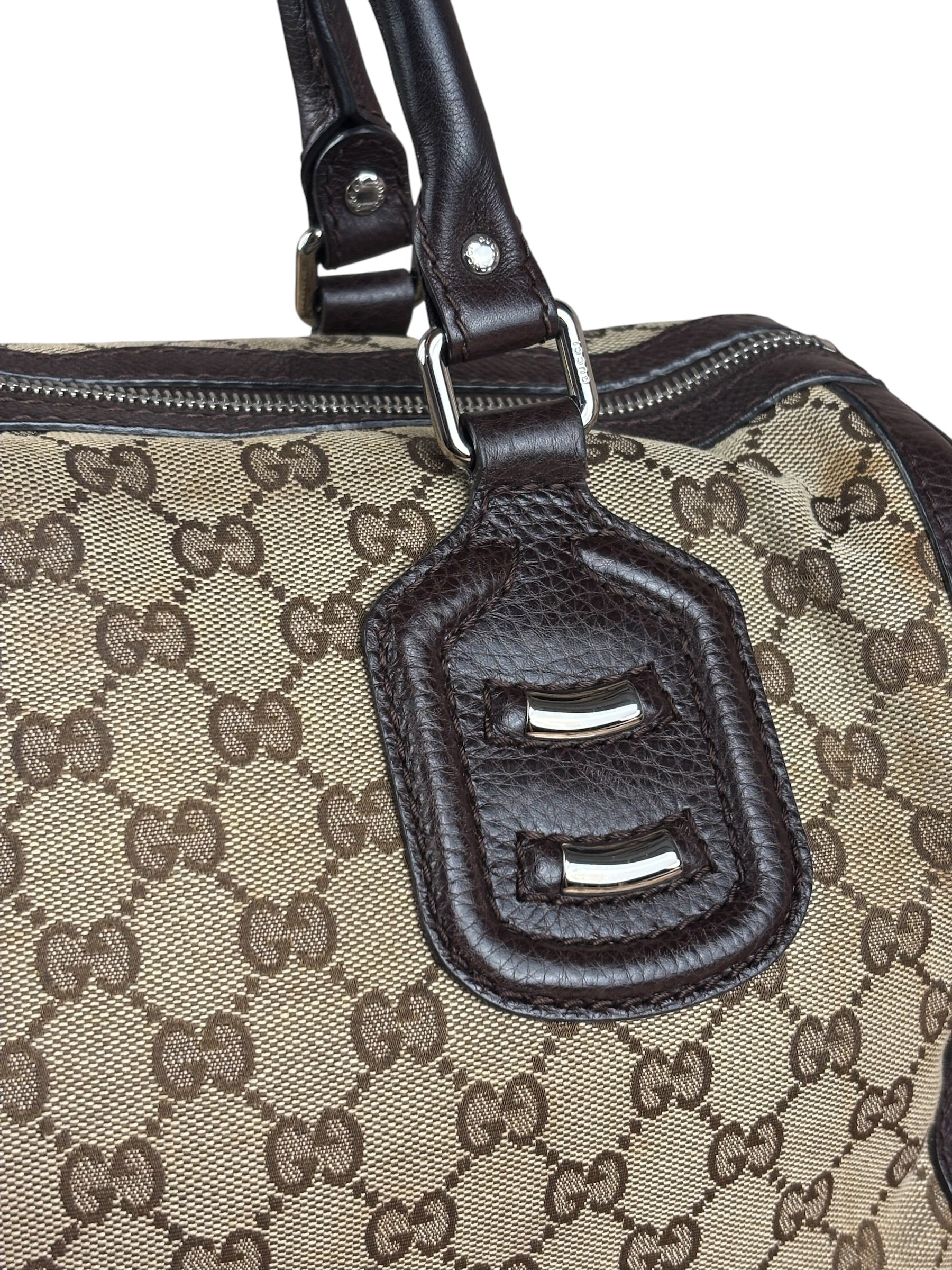 Gucci GG Leather Trim Canvas Techno Boston Handbag