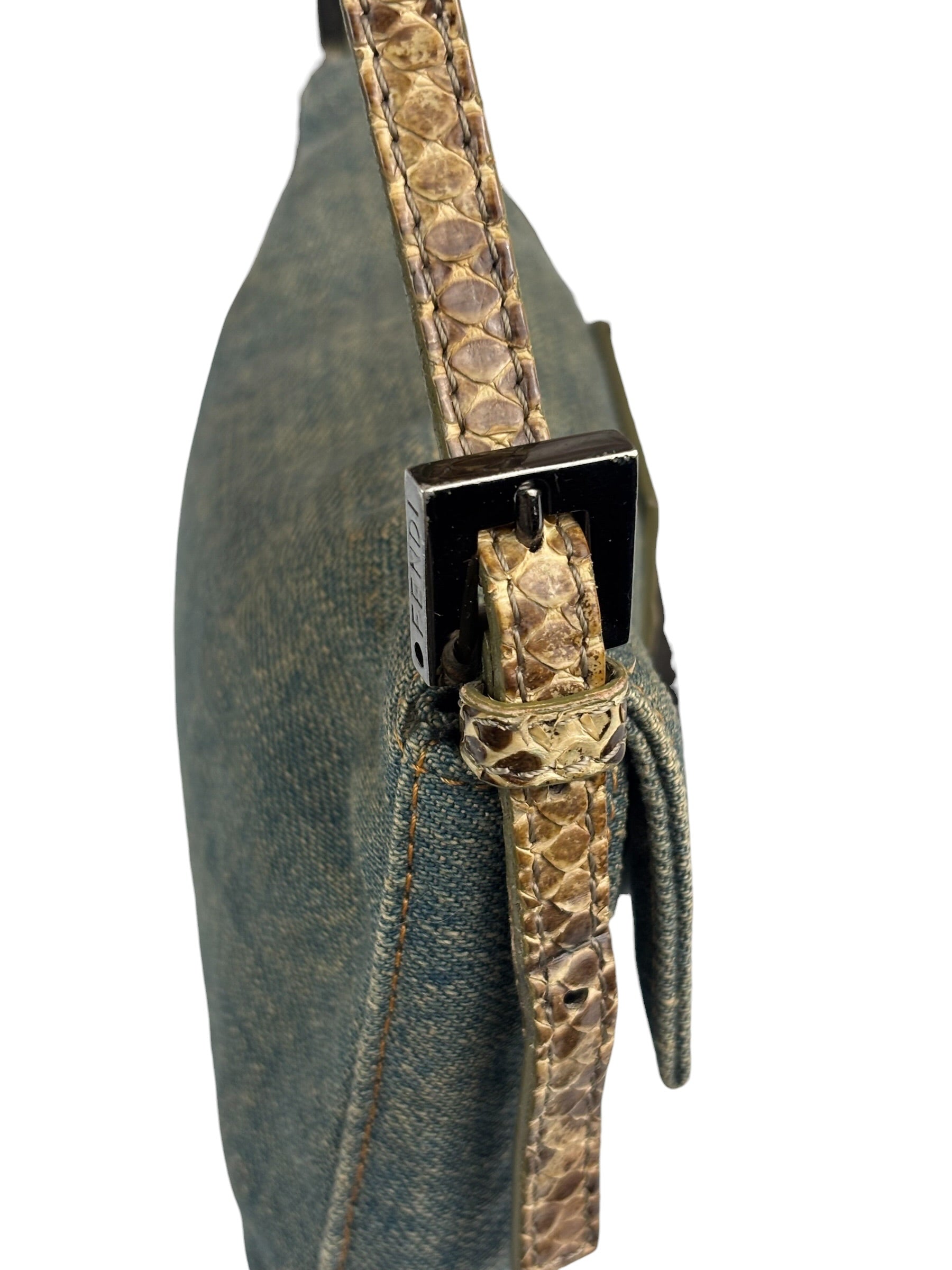 Fendi Denim/Snakeskin Trim Mini Baguette