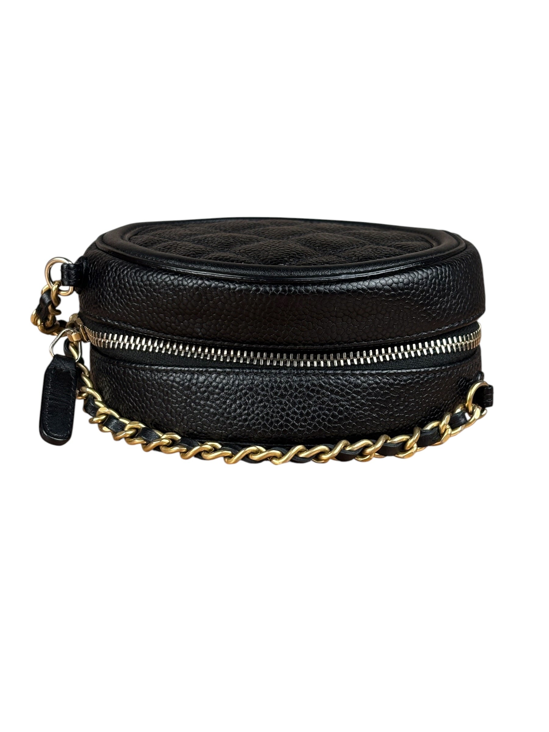 Chanel Black Quilted Caviar Leather CC Filigree Round Chain Clutch 2019