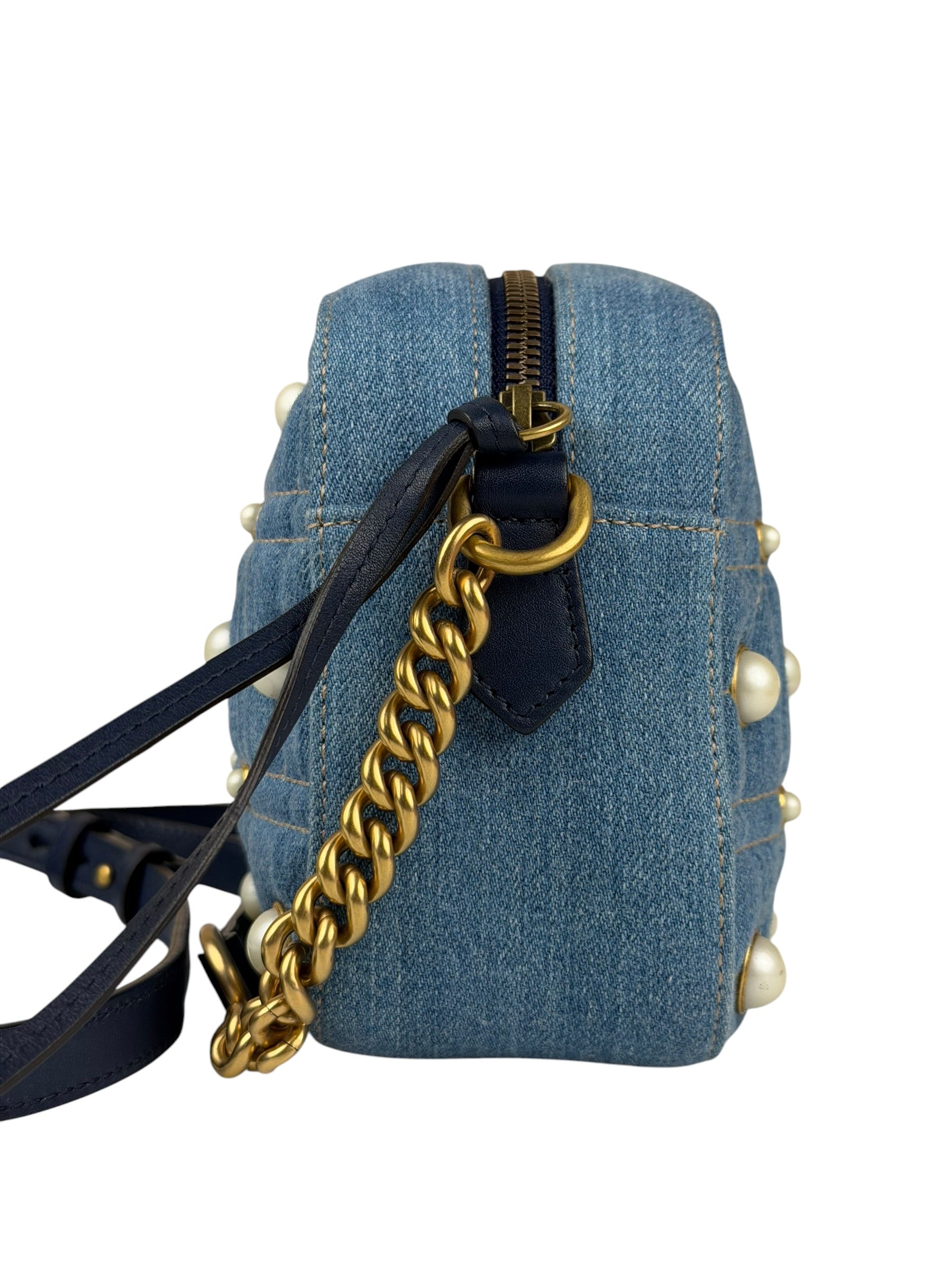 Gucci Blue Denim GG Marmont Pearl Camera Bag