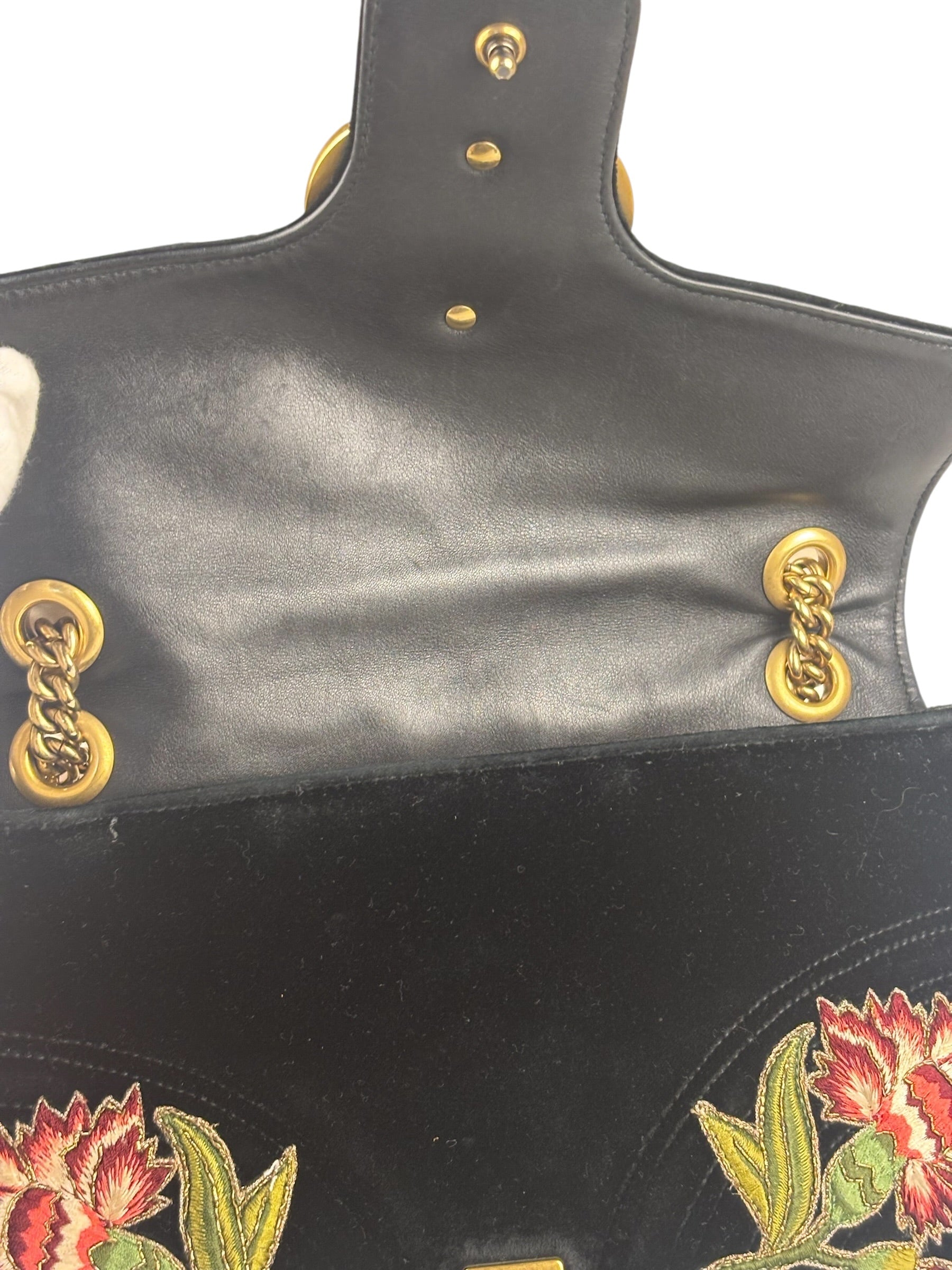 Gucci Black Velvet Marmont Floral Embroidered Shoulder Bag