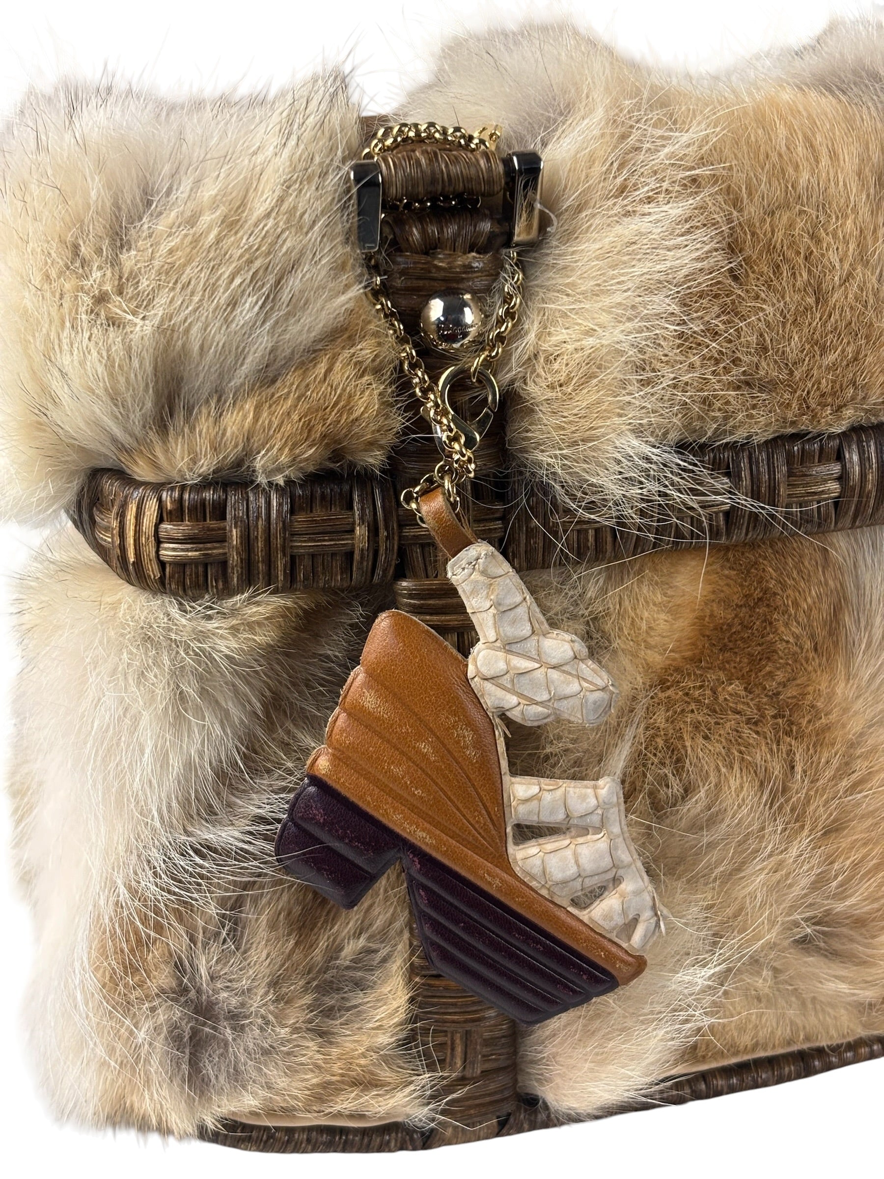 Ferragamo Vintage Fur Rattan Top Handle Bag