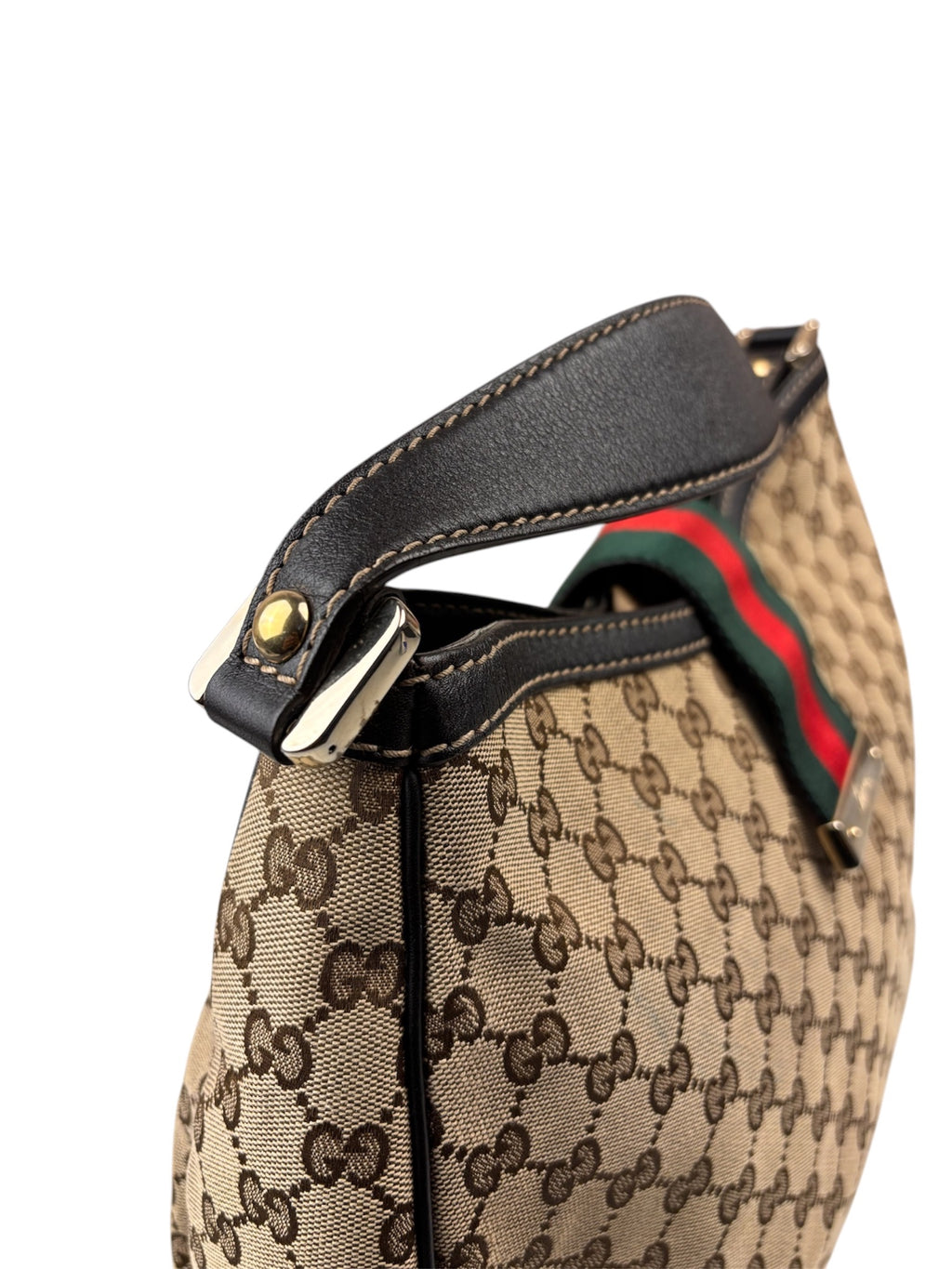 Gucci Beige/Brown Leather Trim Large Ladies Web Hobo Bag