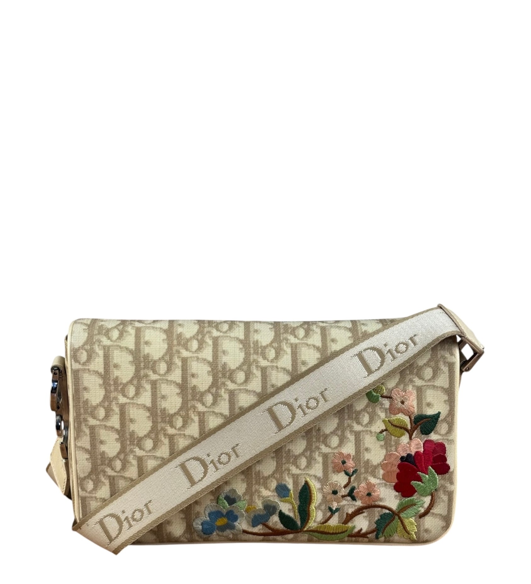 Christian Dior Beige Embroidered Trotter Flap Crossbody Bag