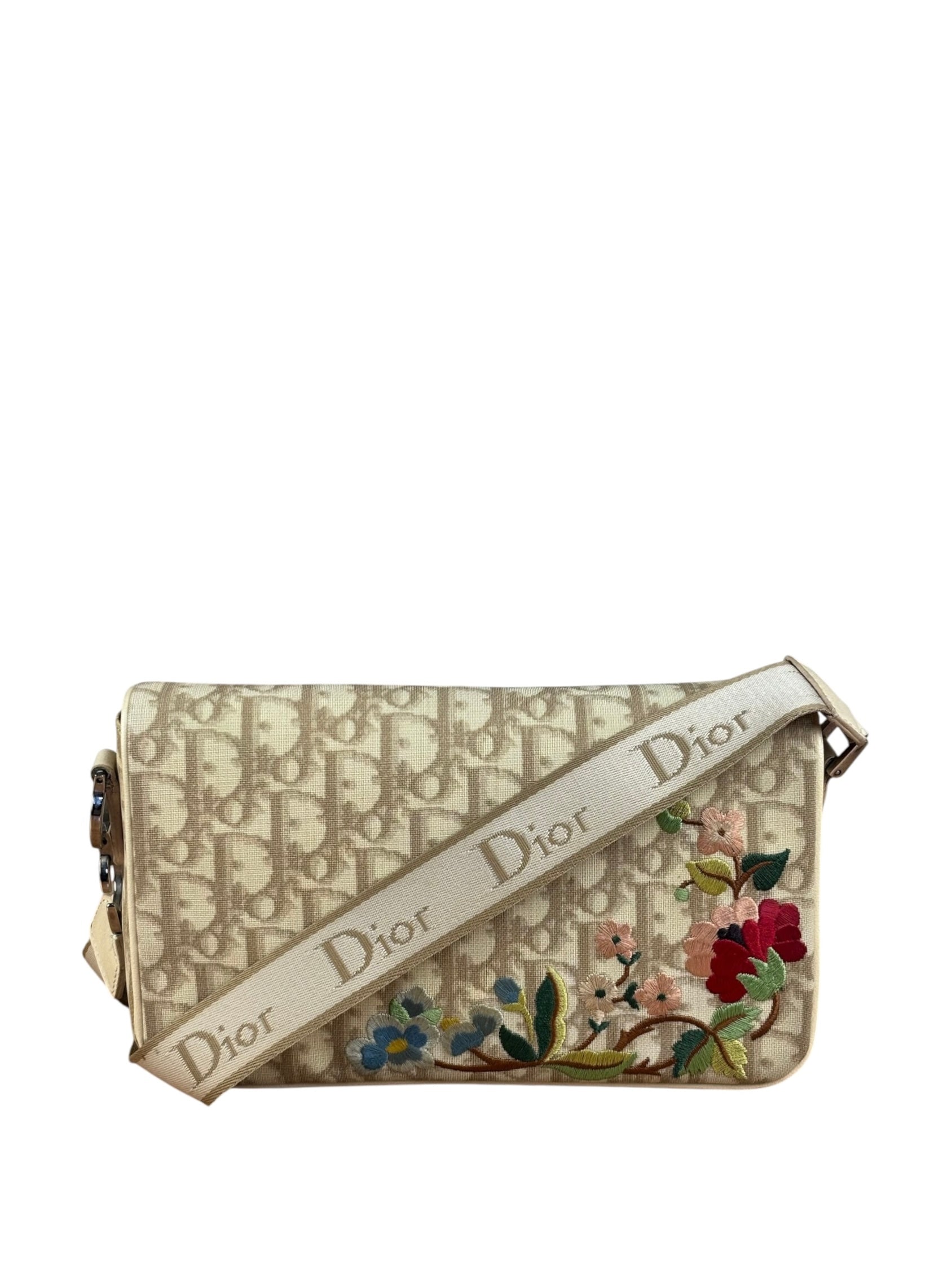 Christian Dior Beige Embroidered Trotter Flap Crossbody Bag