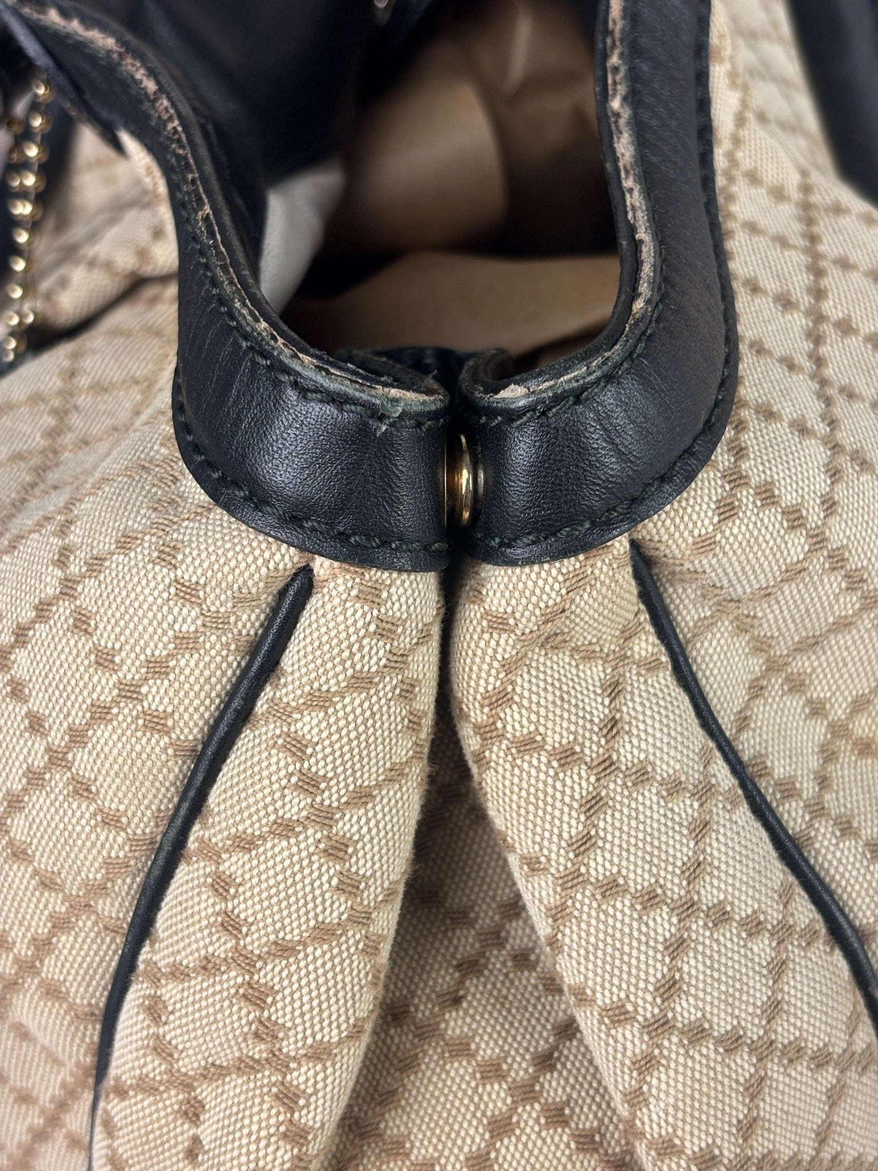 Gucci Beige Leather Trim Diamante Canvas Sukey Tote