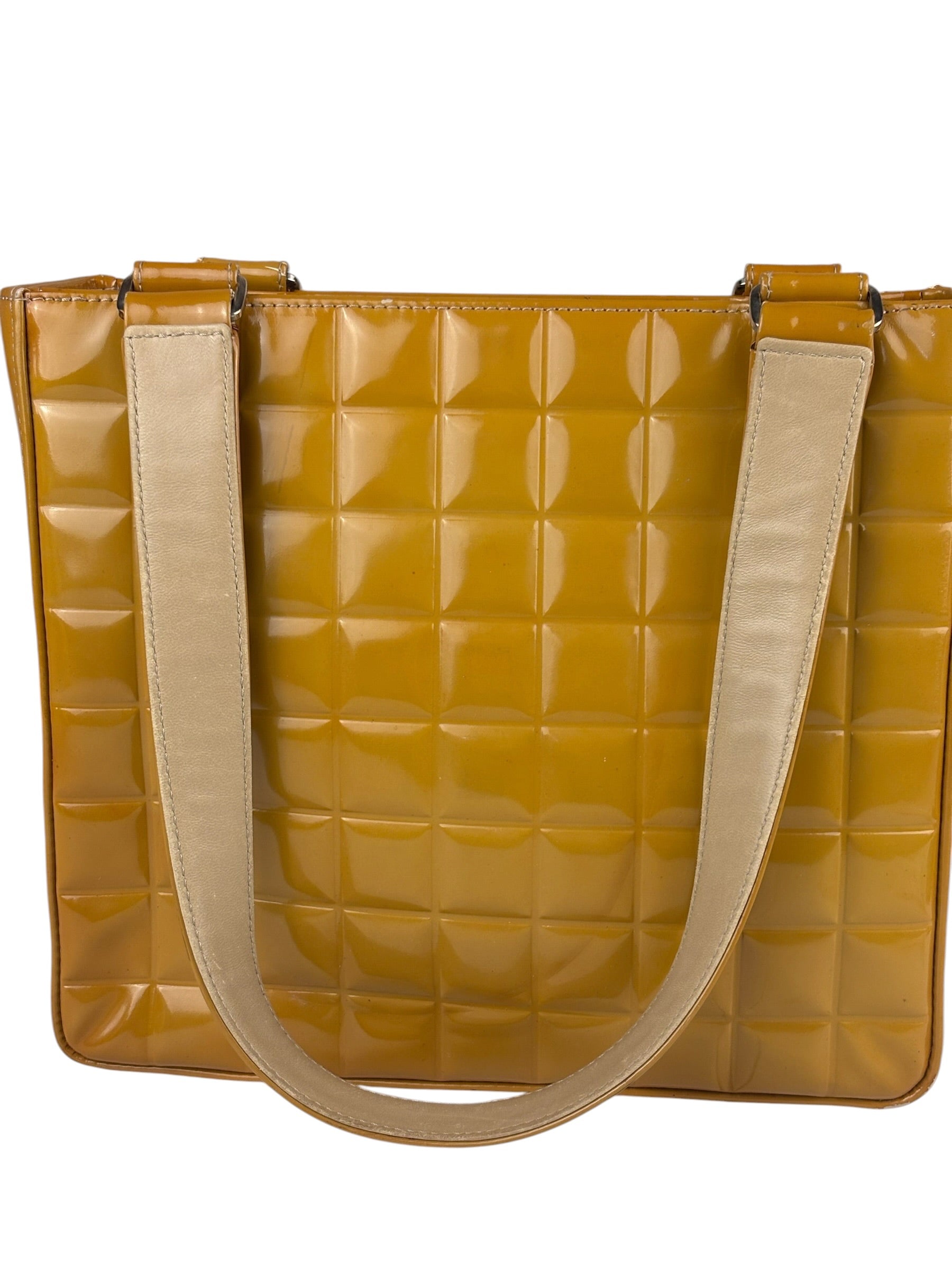 Chanel Vintage Yellow Leather Chocolate Bar Patent Tote Bag 2002