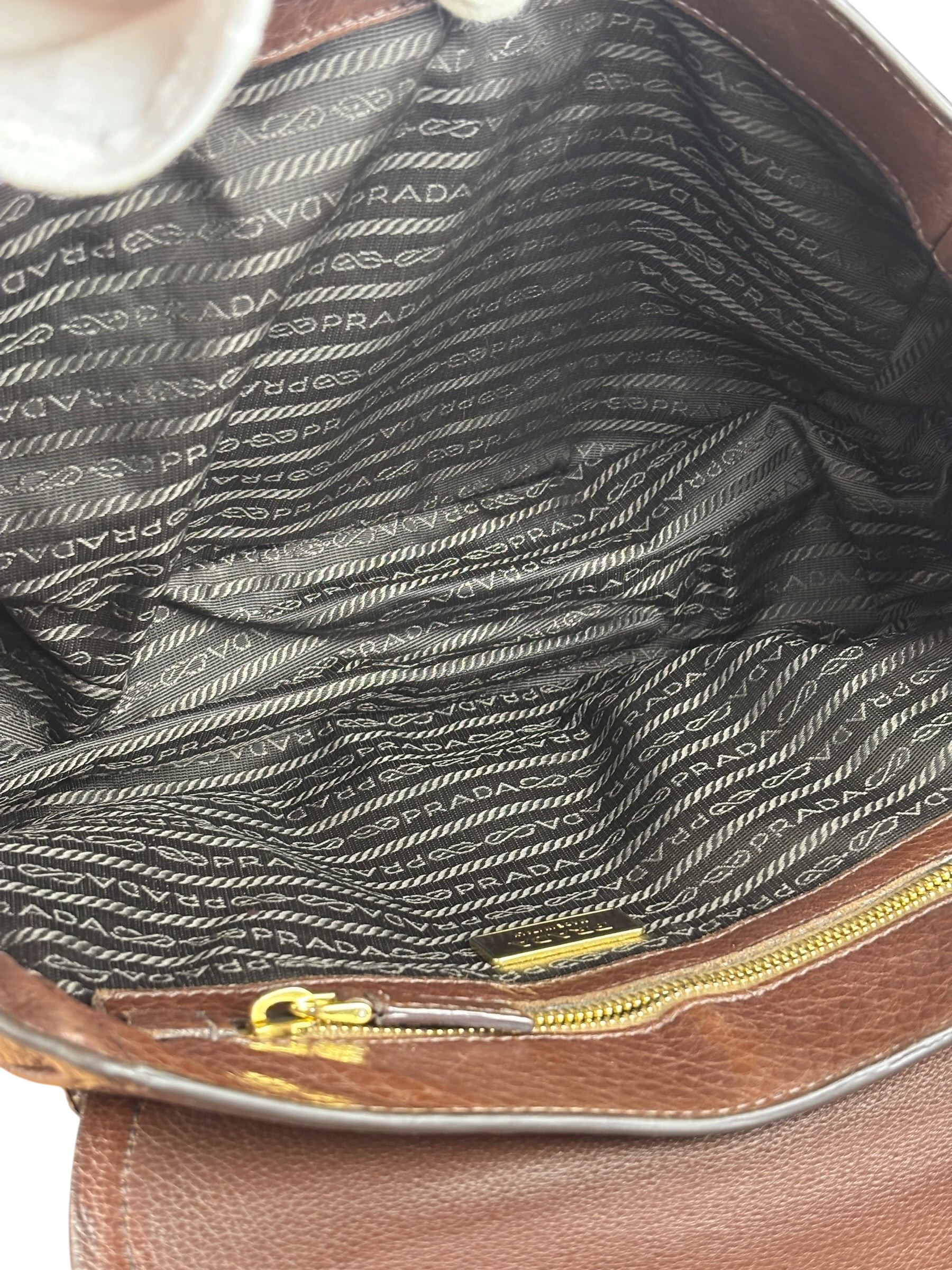 Prada Rich Brown Vitello Daino Sound Lock Satchel Shoulder Bag
