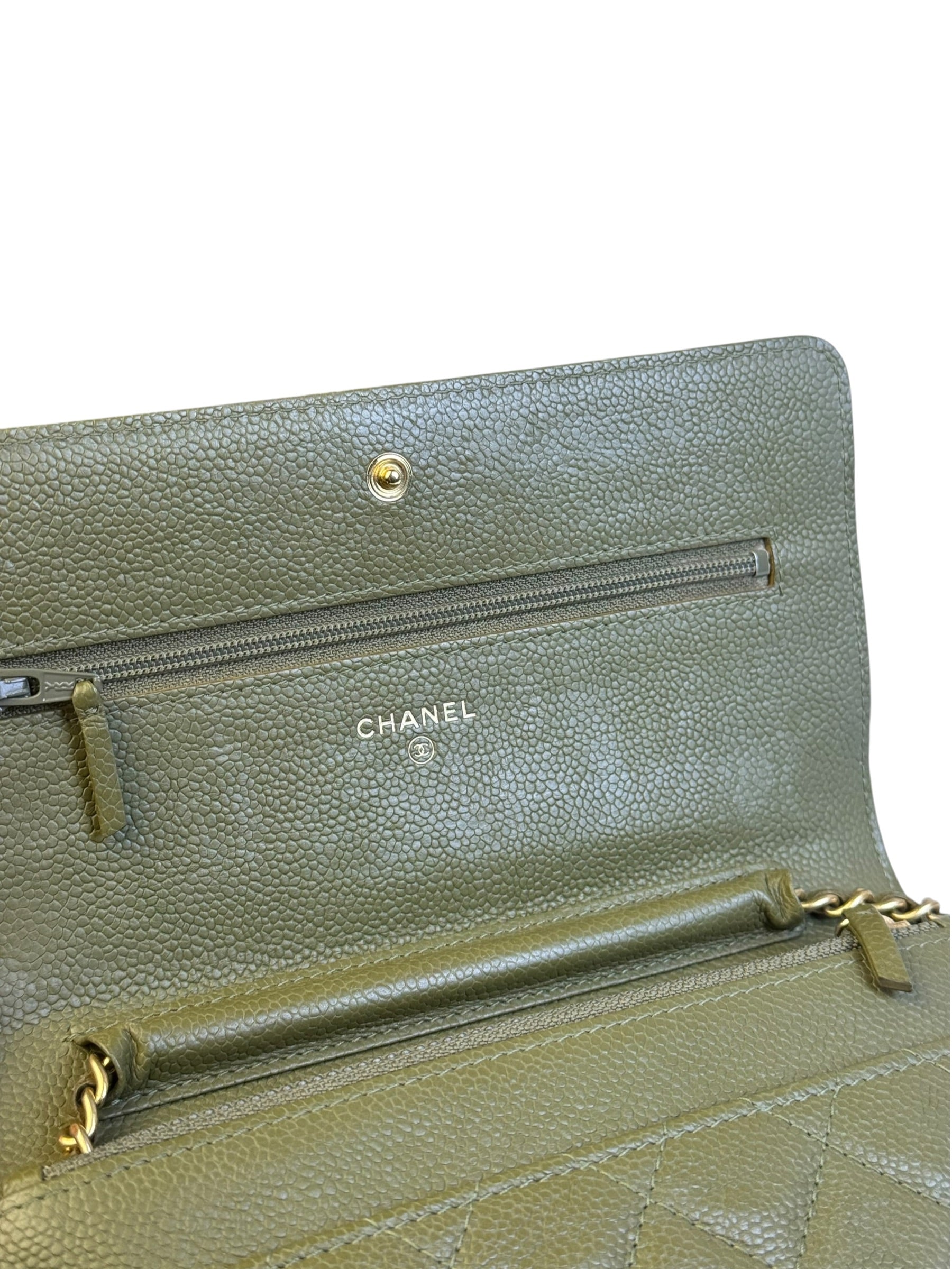 Chanel Olive Green Quilted Caviar Boy Flap Wallet On Chain 2017