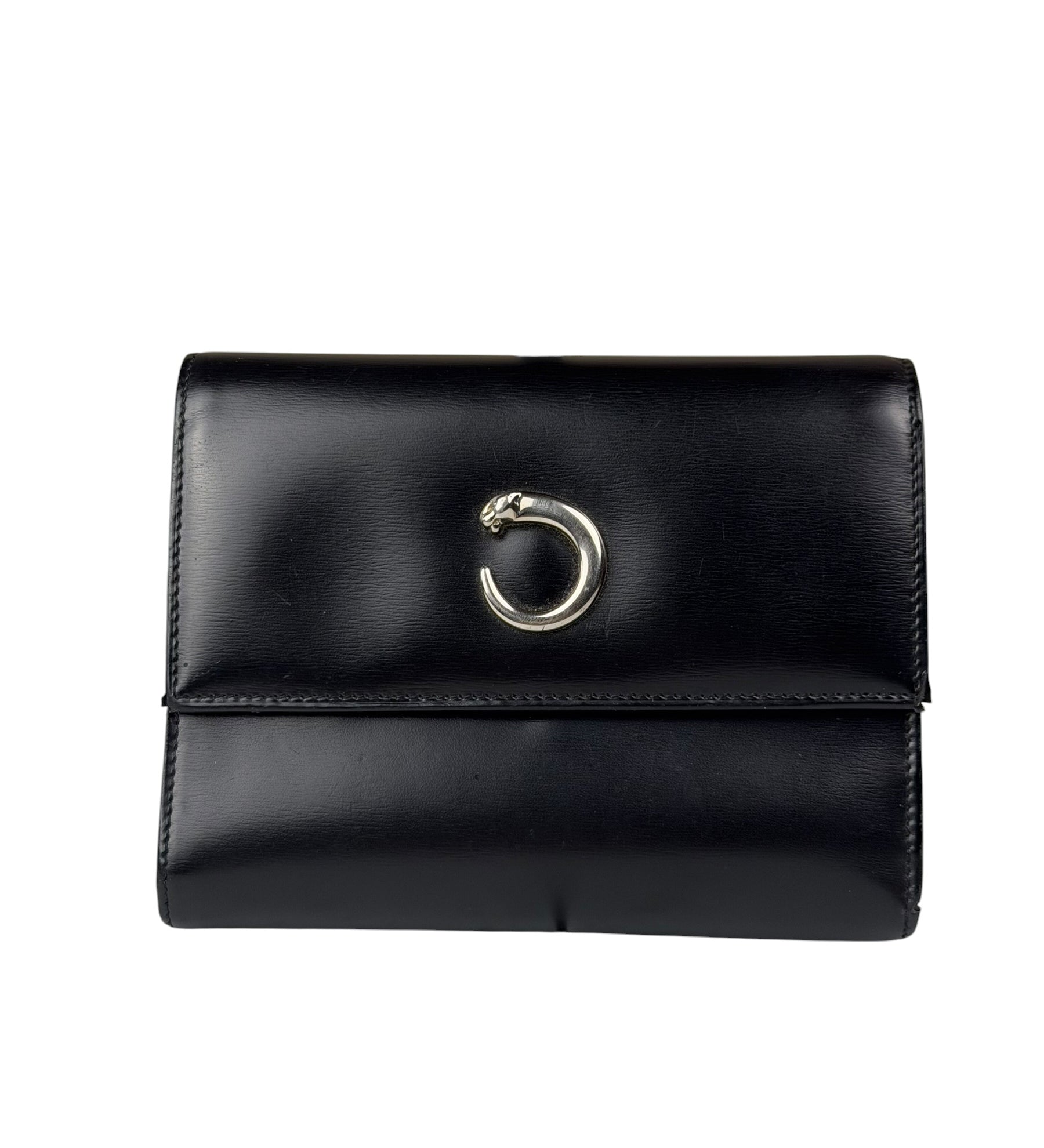 Cartier Black Leather Panther C Tri-Fold Wallet