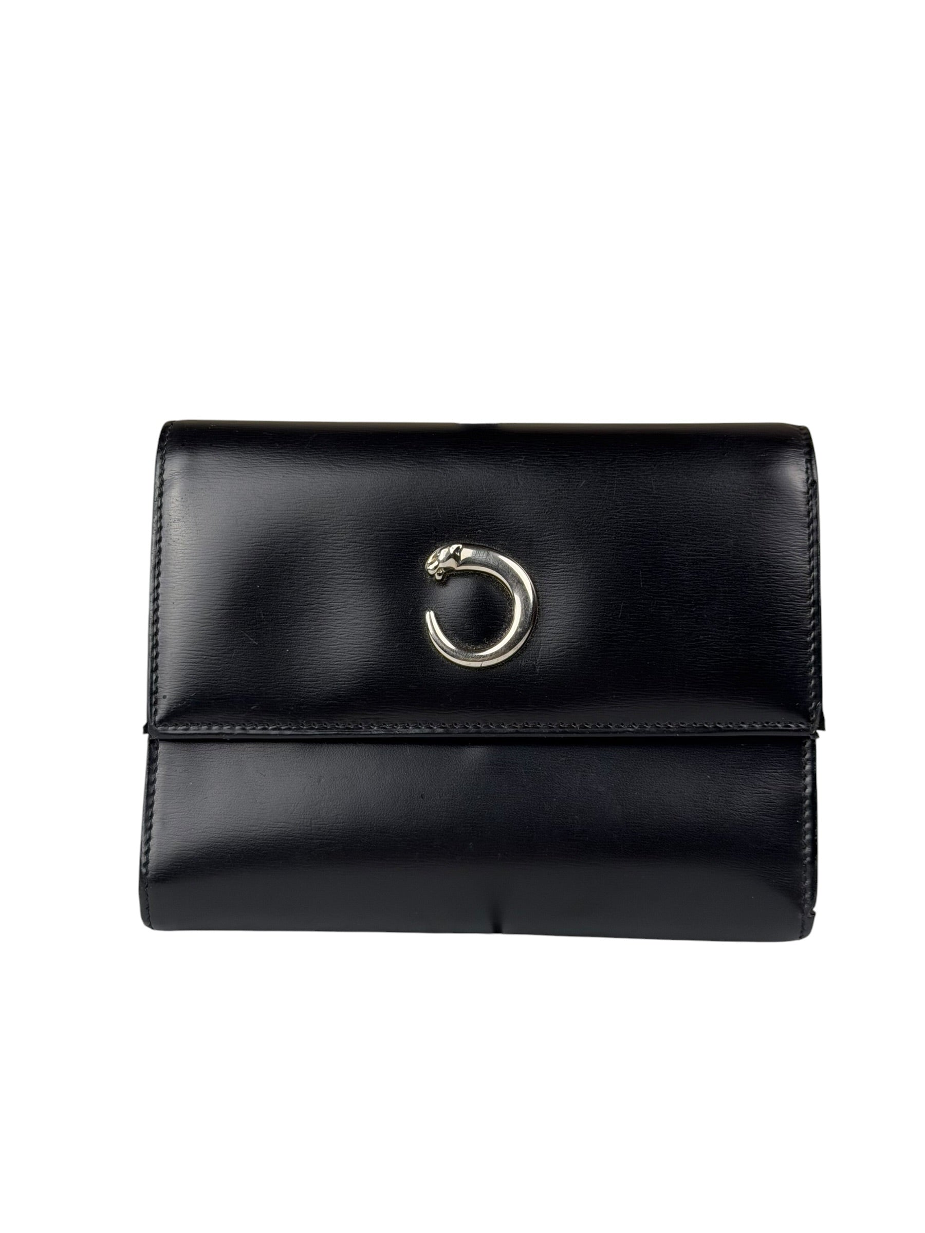 Cartier Black Leather Panther C Tri-Fold Wallet