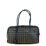 Prada Vintage Black Leather Nappa Metal Grommet Bauletto Handbag