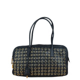 Prada Vintage Black Leather Nappa Metal Grommet Bauletto Handbag