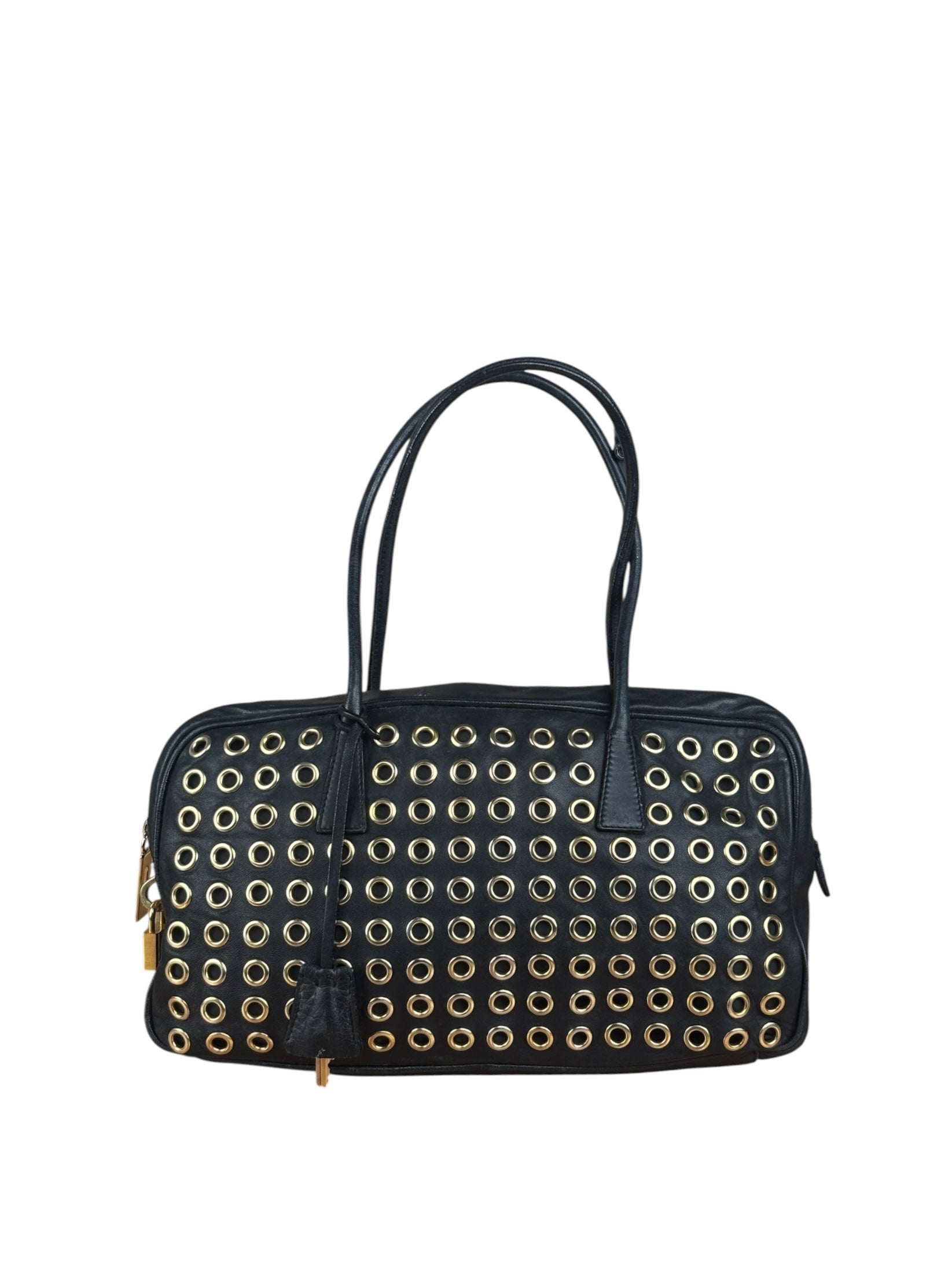 Prada Vintage Black Leather Nappa Metal Grommet Bauletto Handbag