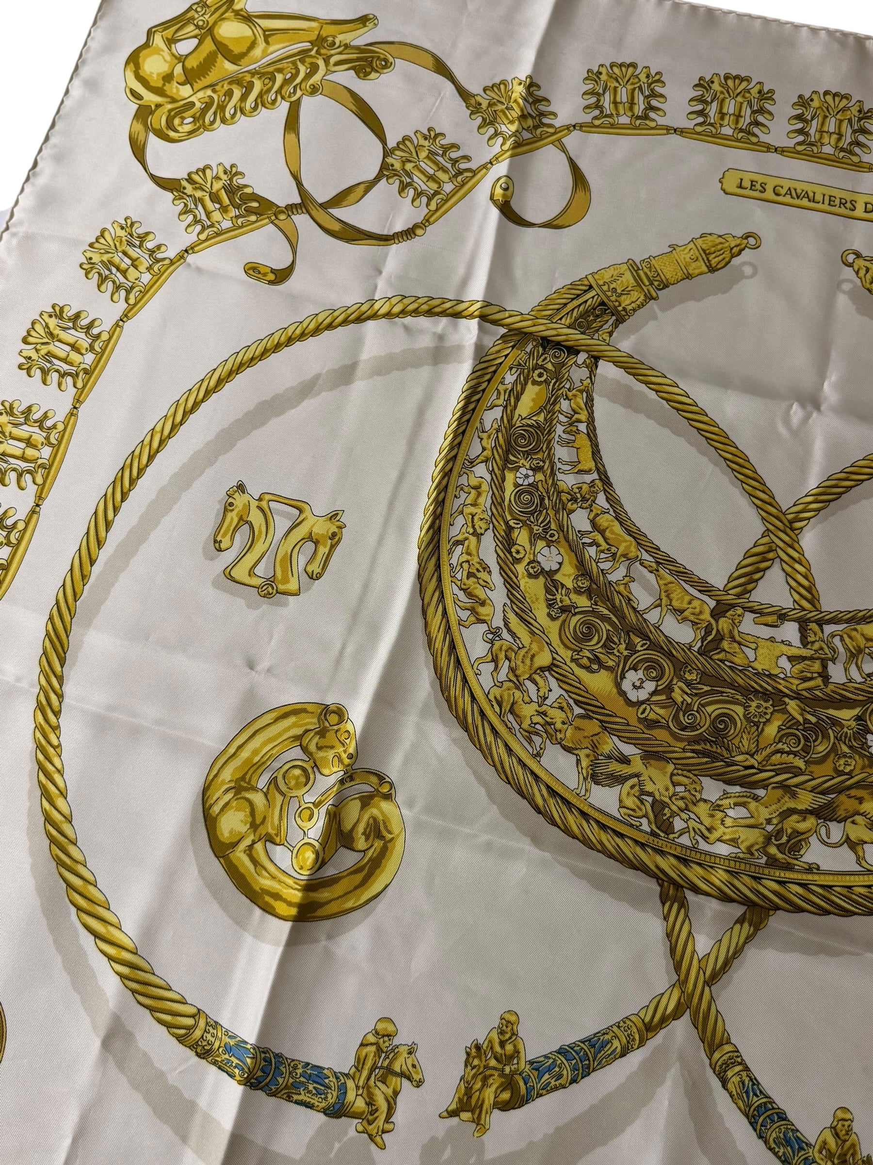 Hermes Ivory Gold Emblem Print Silk Scarf