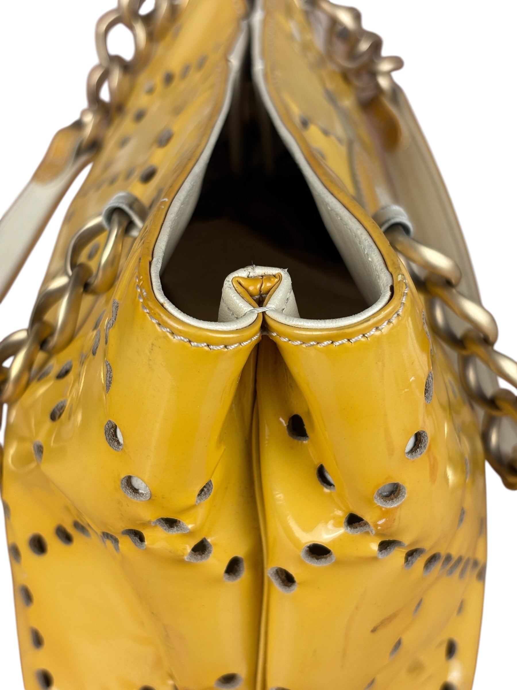 Chanel Vintage Yellow Patent Leather Perforated Tote Bag 1987