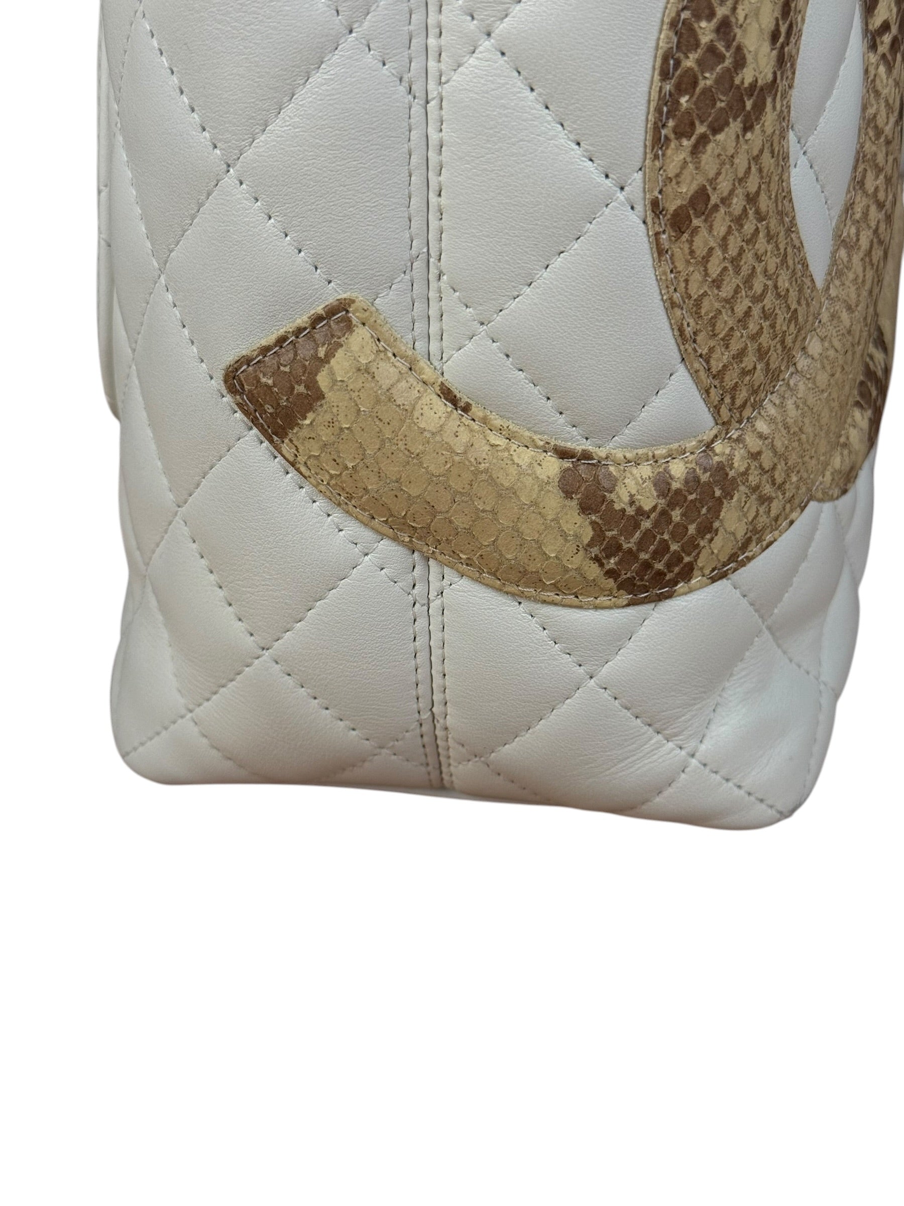 Chanel Vintage White Quilted CC Snake Cambon Ligne Tote 2004