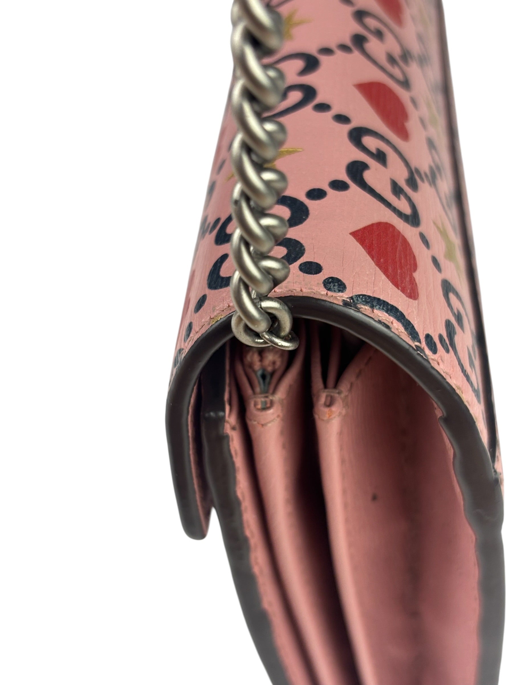 Gucci Pink Leather Dionysus GGCrystal Valentines Small Wallet On Chain