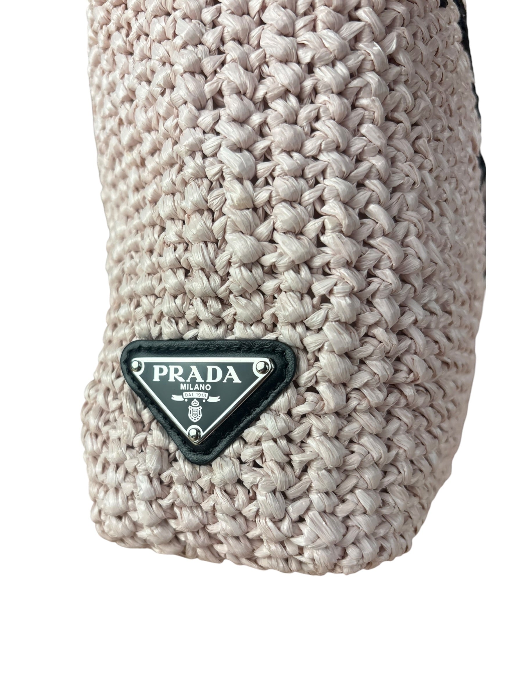 Prada Pink Raffia Woven Crochet Logo Tote Bag