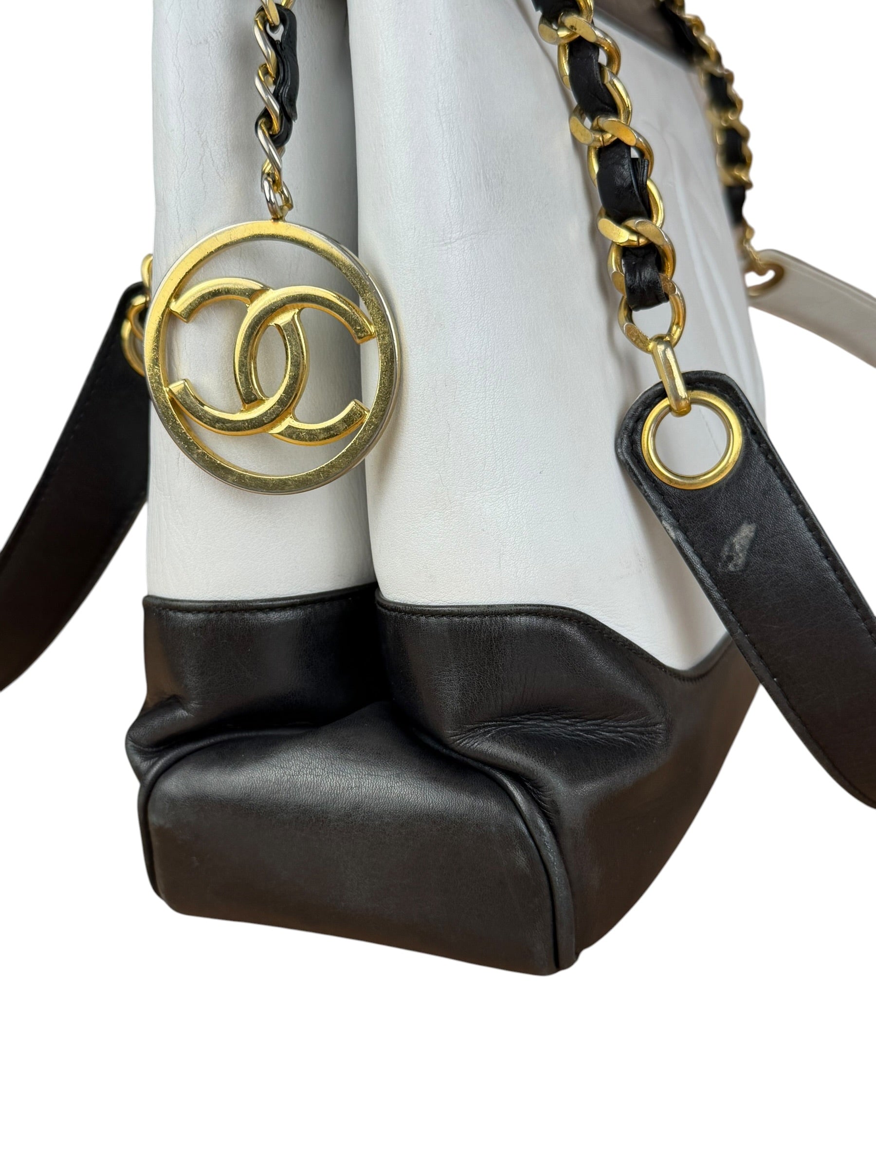Chanel Vintage Black/White Leather CC Chain Tote '89-'91