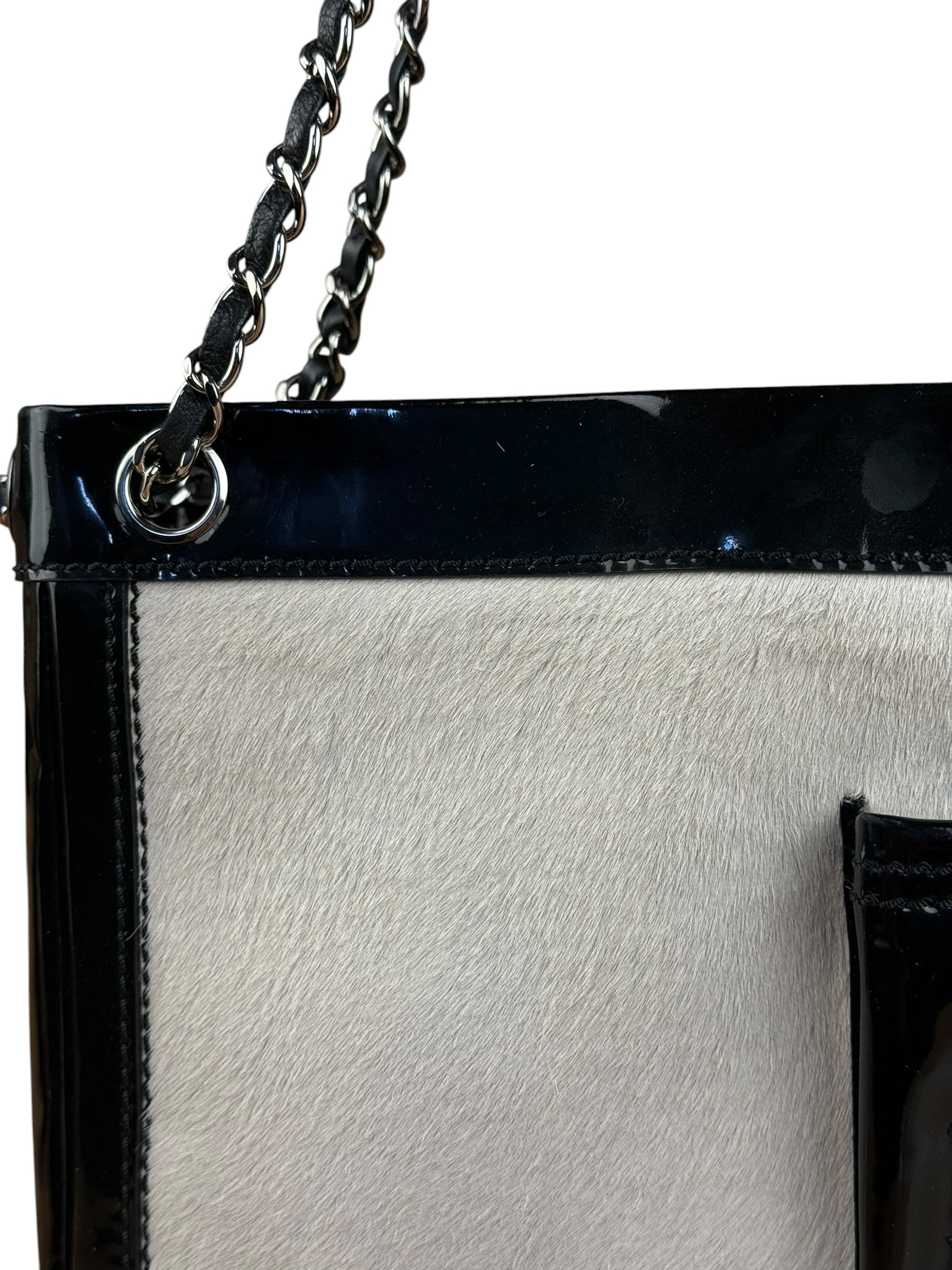 Chanel Vintage Black Patent Pony Hair Chain Pocket Tote 2005