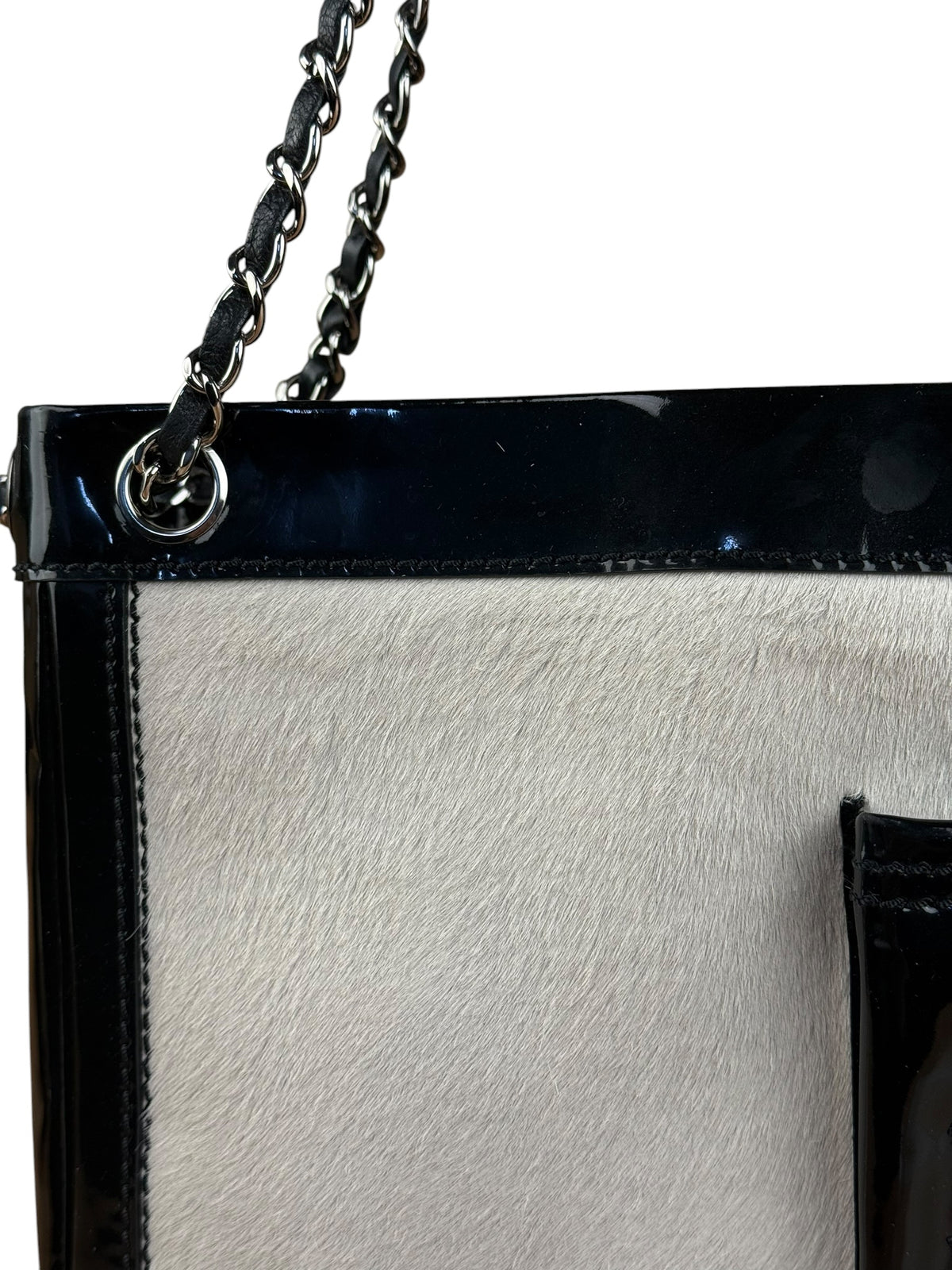 Chanel Vintage Black Patent Pony Hair Chain Pocket Tote 2005