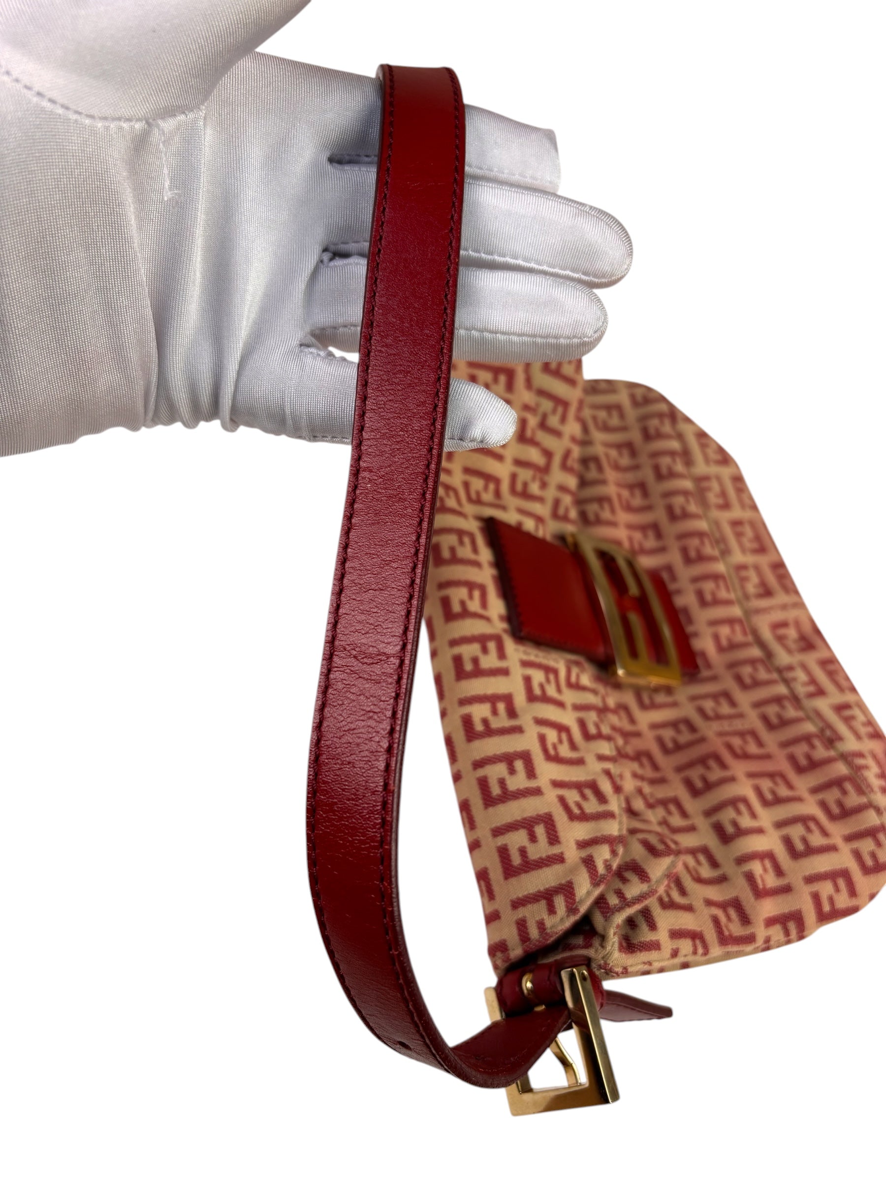 Fendi Red Leather Trim Zucca Baguette