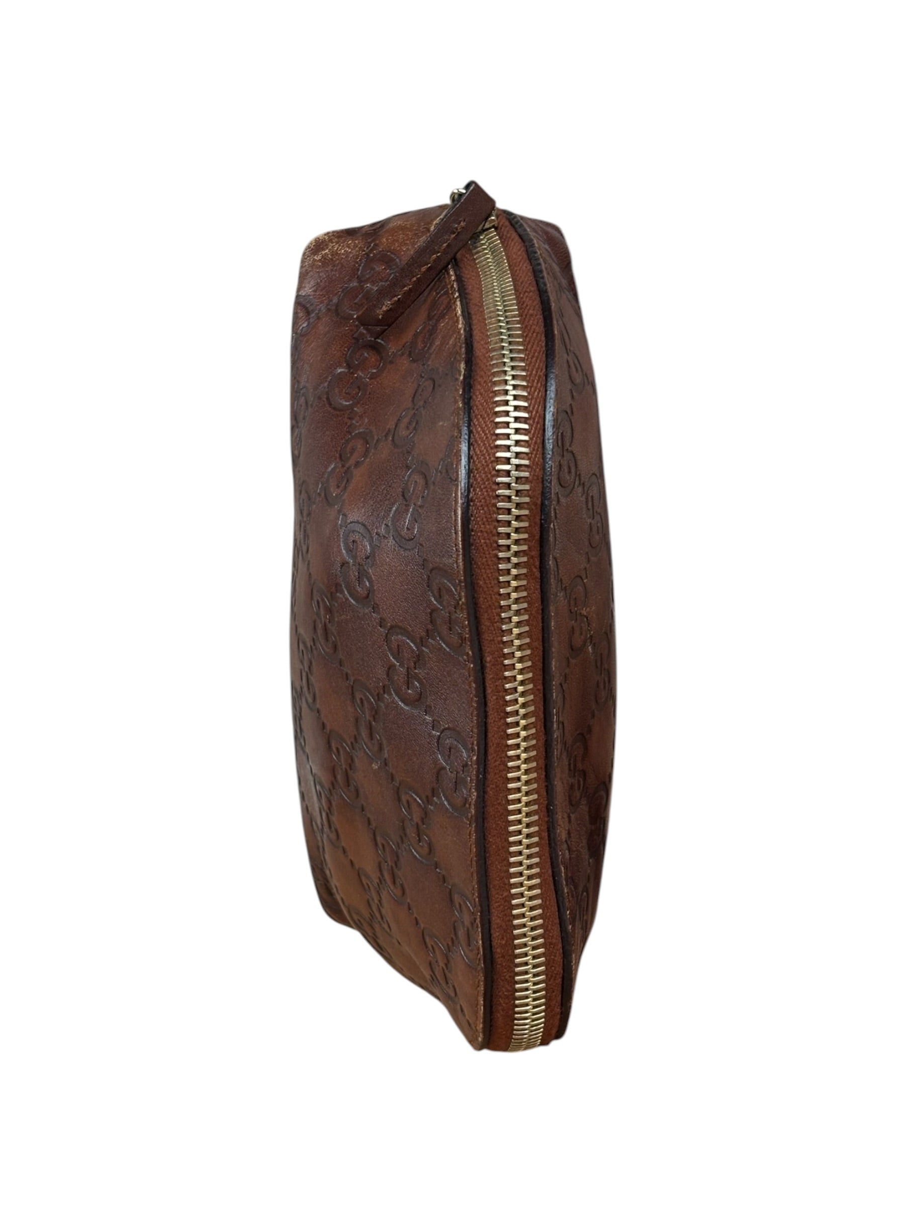 Gucci Vintage Brown Leather GG Zip Pouch