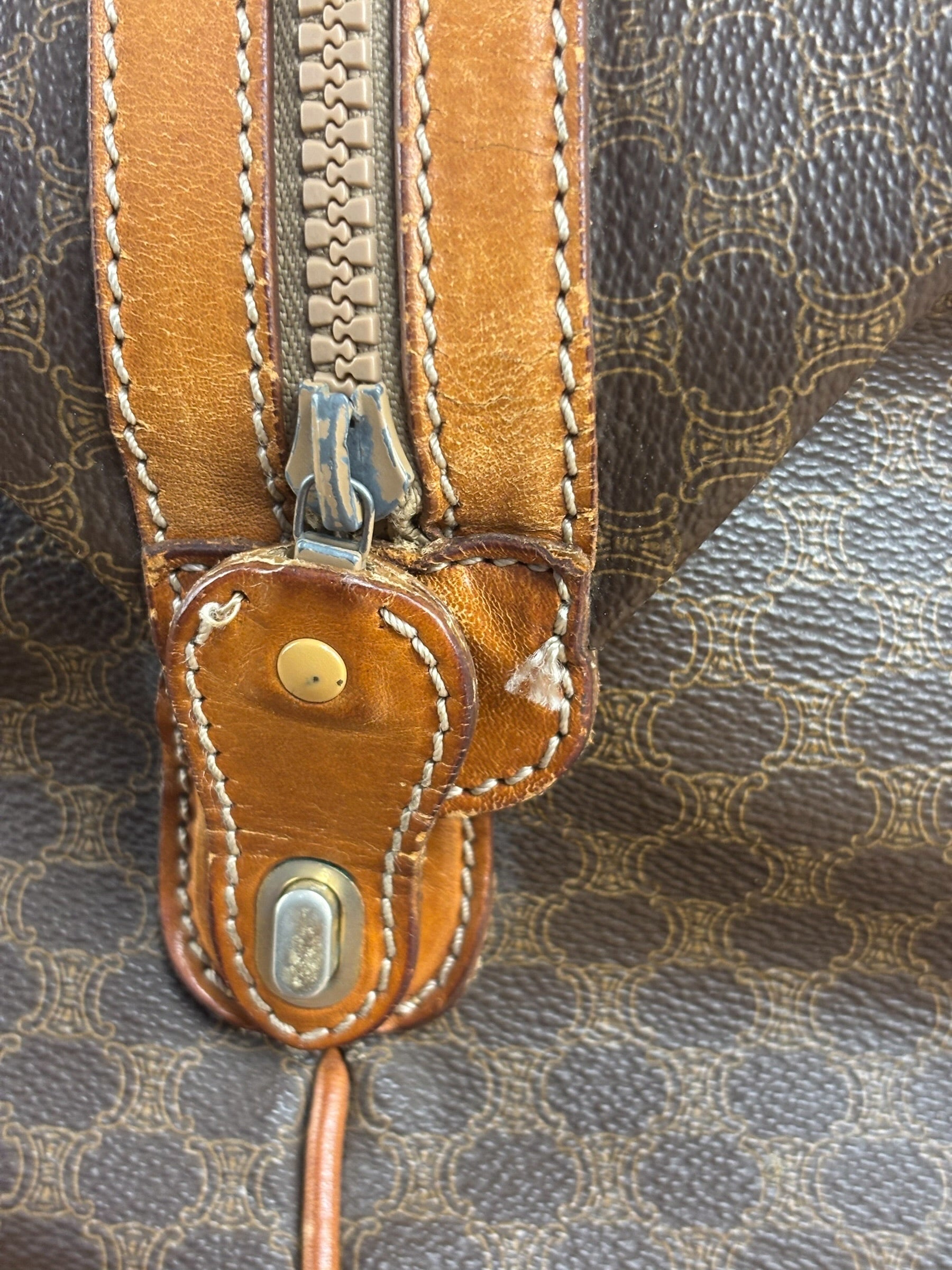 Celine Brown Leather Canvas Macadam Travel Handbag