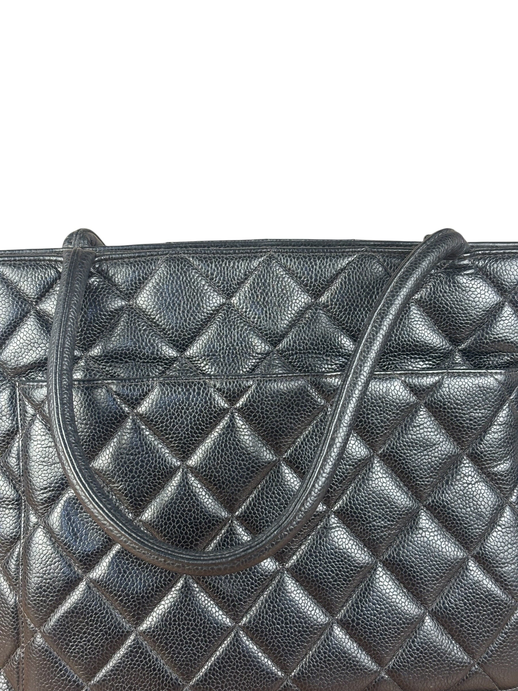 Chanel Vintage CC Black Quilted Caviar Leather Medallion Tote Bag 2002