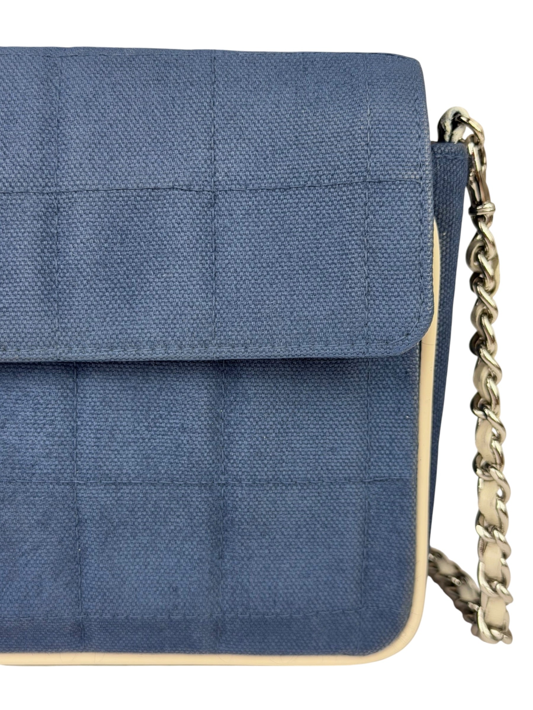 Chanel Blue/Cream Patent Leather Trim East-West Chocolate Bar Shoulder Bag 2002