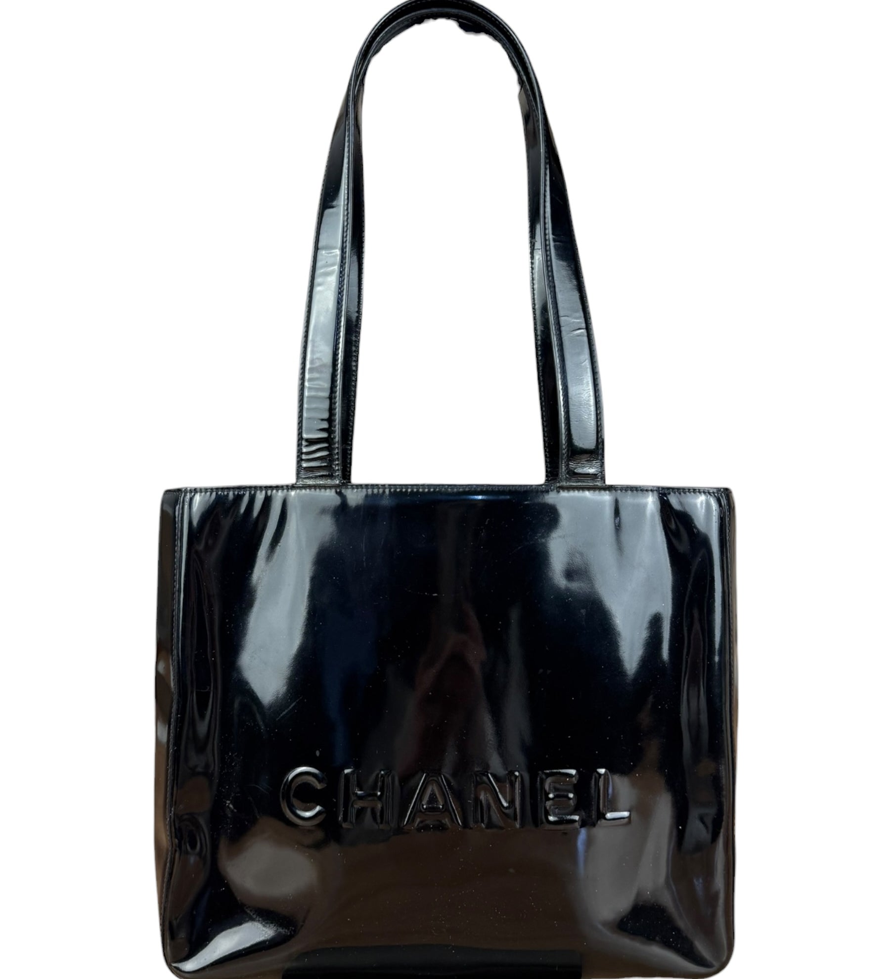 Chanel Vintage Black Patent Logo Shopping Tote