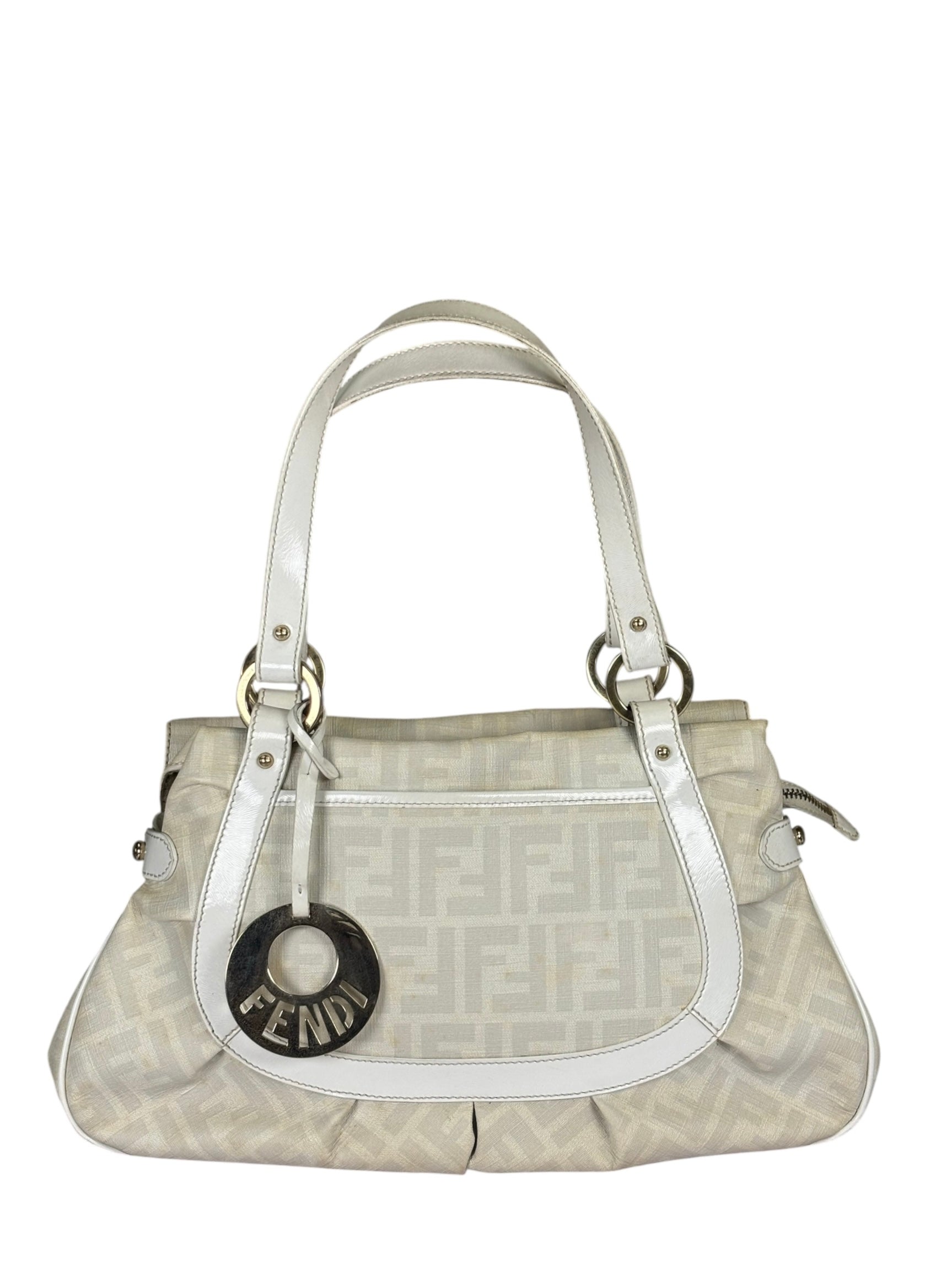 Fendi White Leather PVC Coated Zucca Spalmati Chef Shoulder Bag