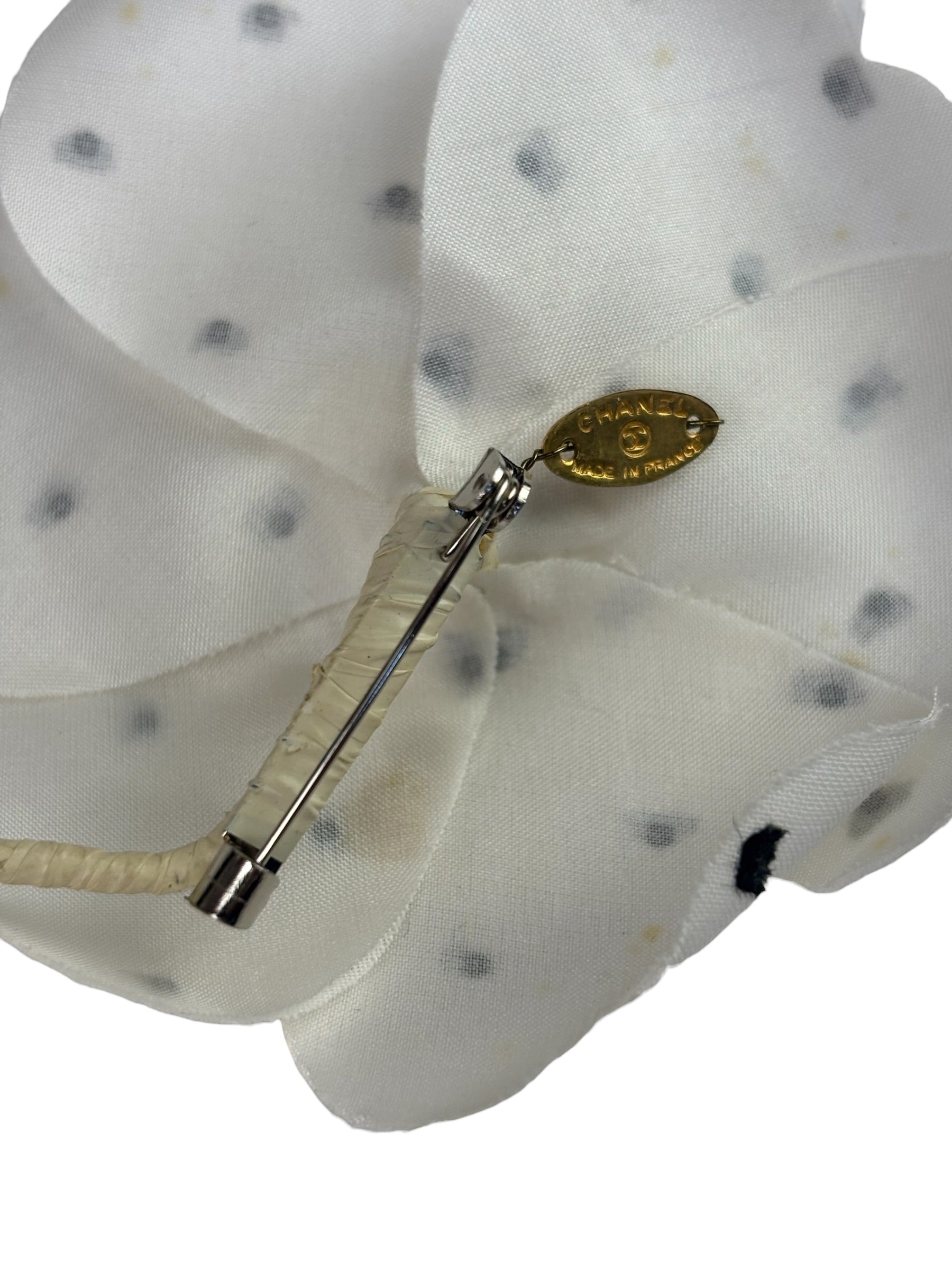 Chanel White Silk Polka Dots Camellia Flower Brooch