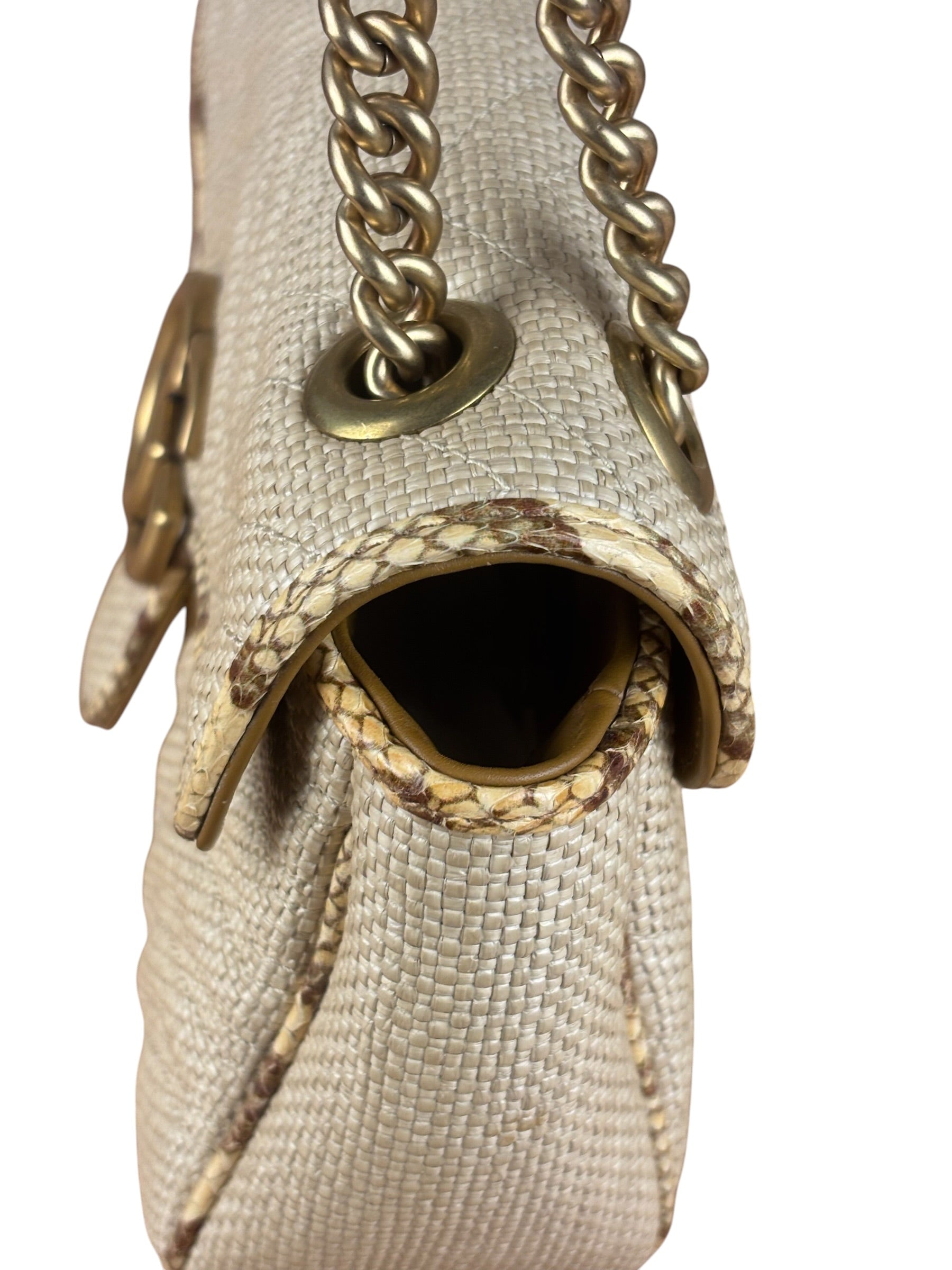Gucci GG Beige Raffia Marmont Snakeskin Trim Flap Bag