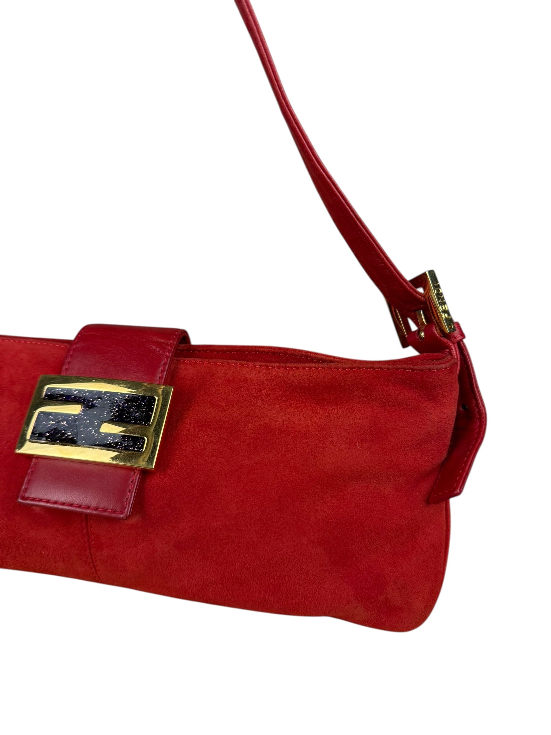 Fendi Red Suede Baguette Crossbody Bag