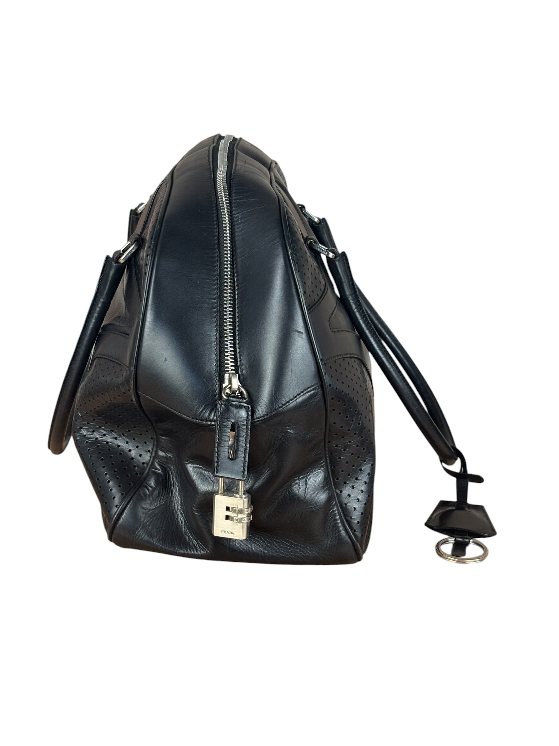 Prada Vintage Black Leather Vitello Drive Perforated Bowling Tote Bag