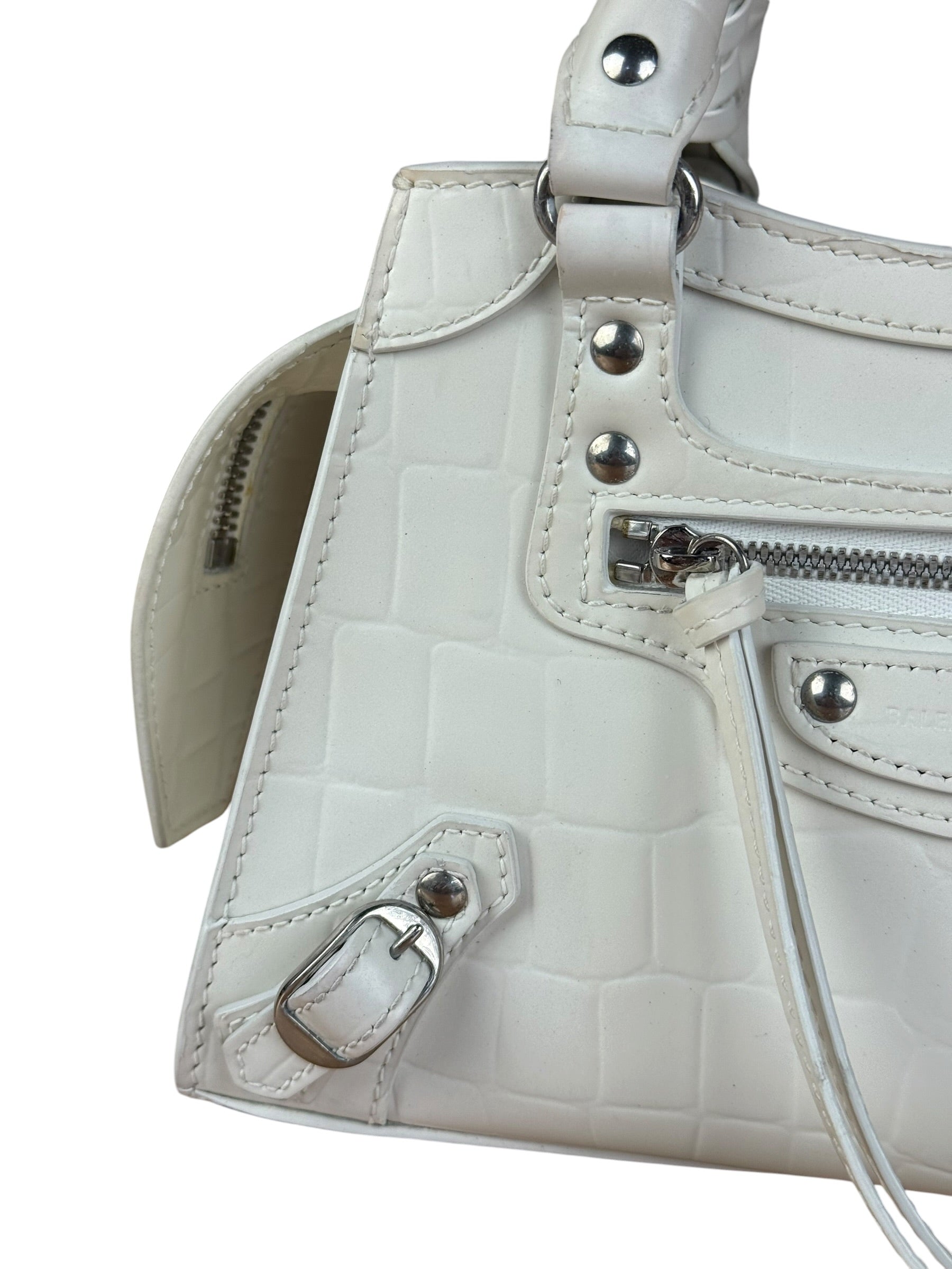 Balenciaga White Croc Embossed S Neo City Bag