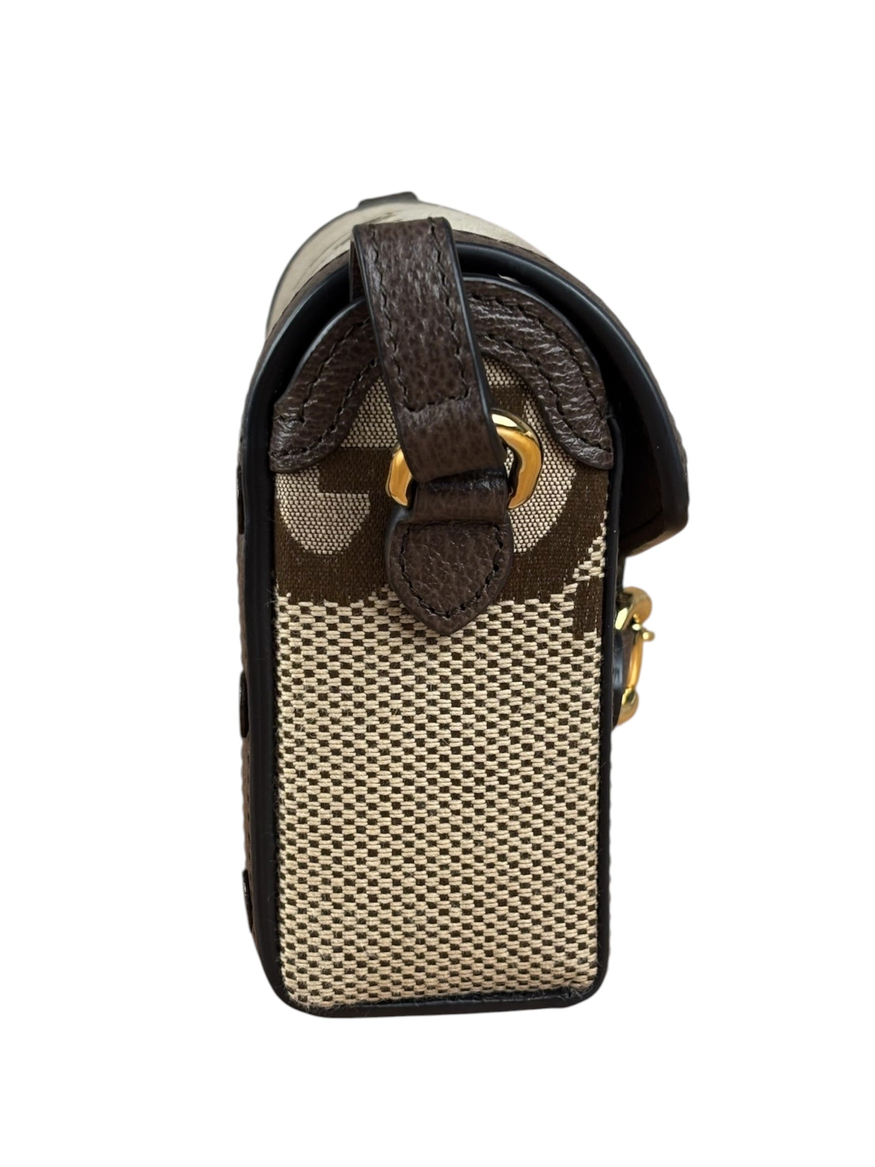 Gucci Brown Leather Trim Monogram Jumbo GG Mini Shoulder Bag