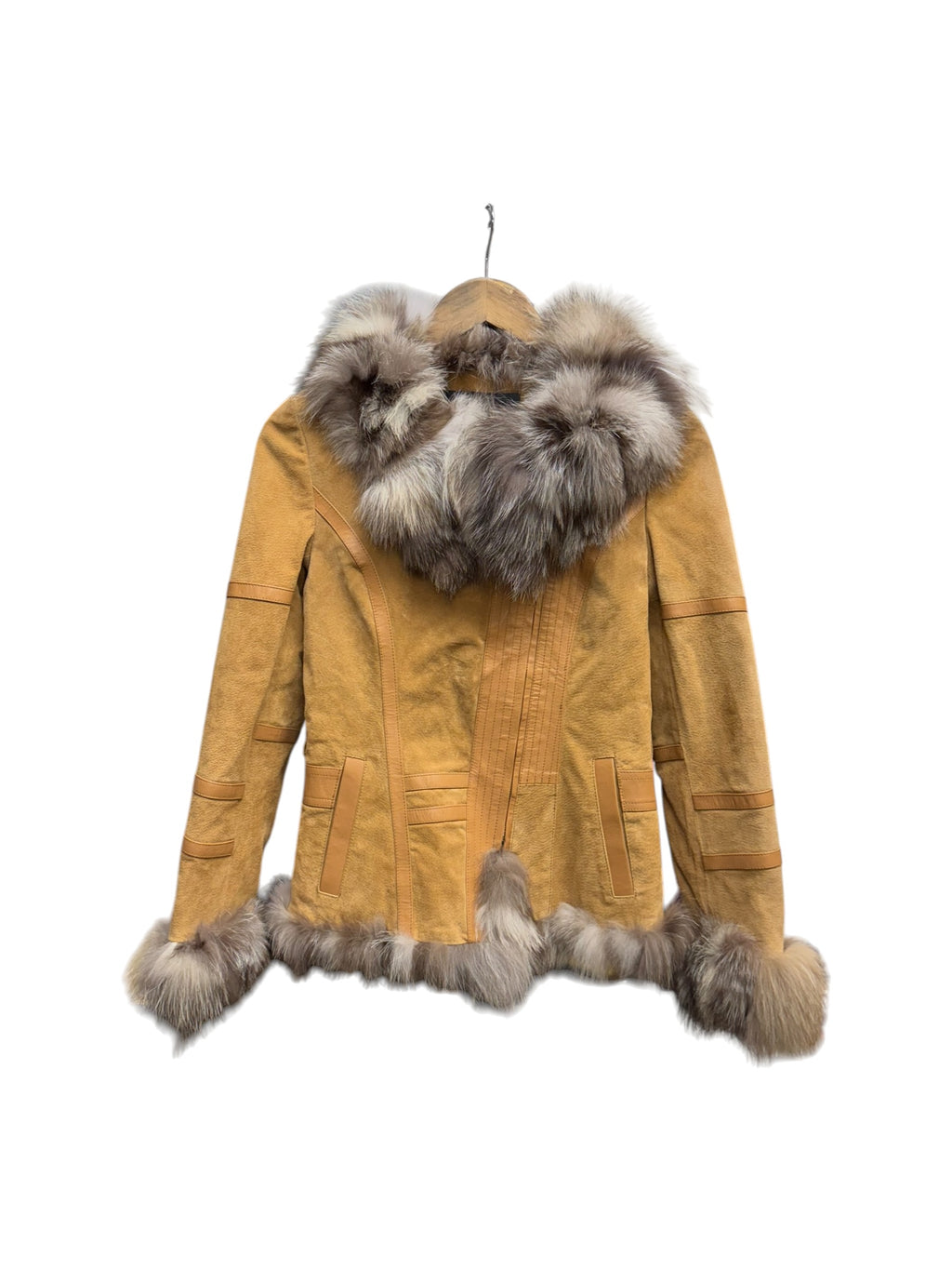 Vintage Zoee Fox Fur Trim Brown Leather Zip Jacket