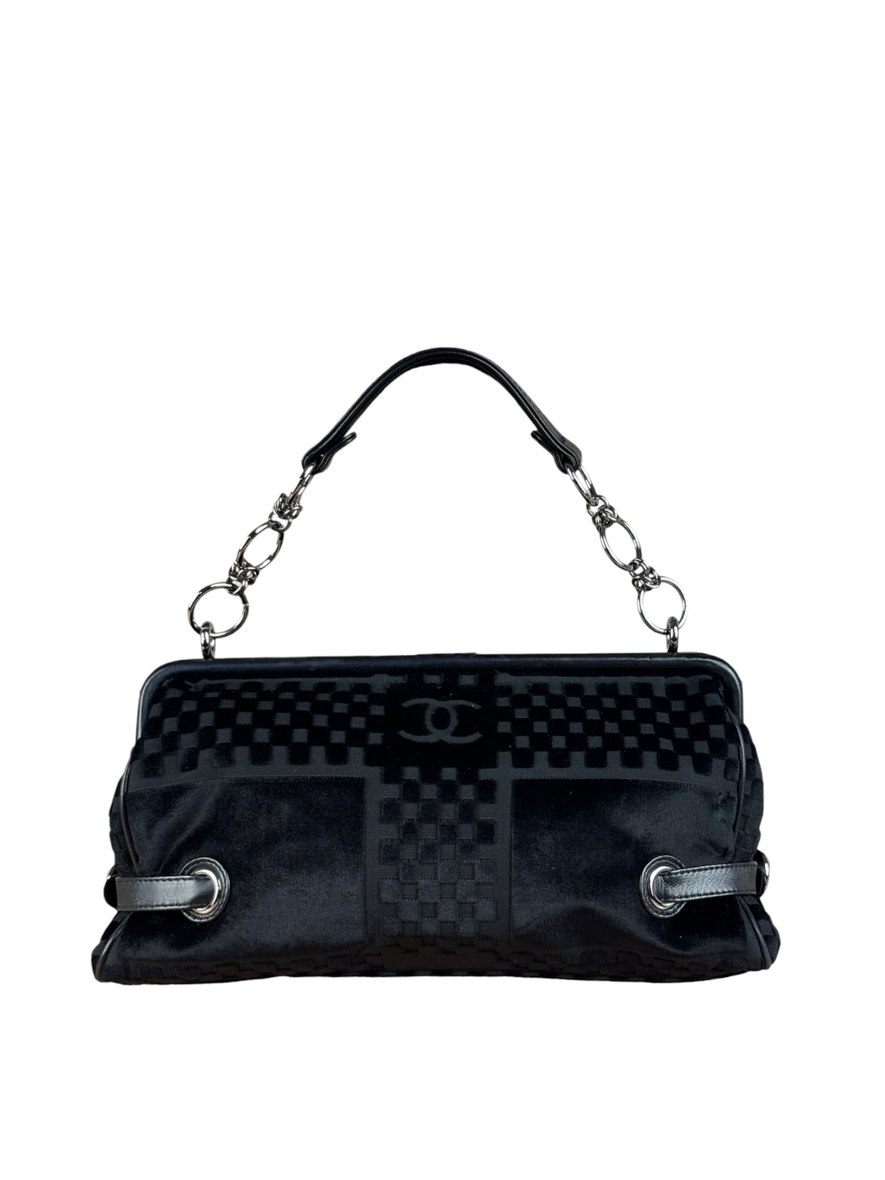 Chanel Black Velvet Leather Trim Kiss-Lock Two-Way Bag 2006