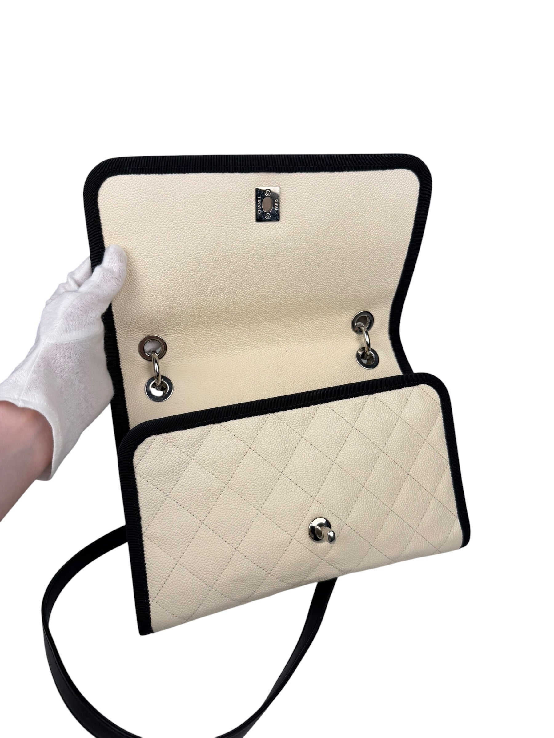 Chanel White Caviar Quilted Top Handle Flap Bag 2018