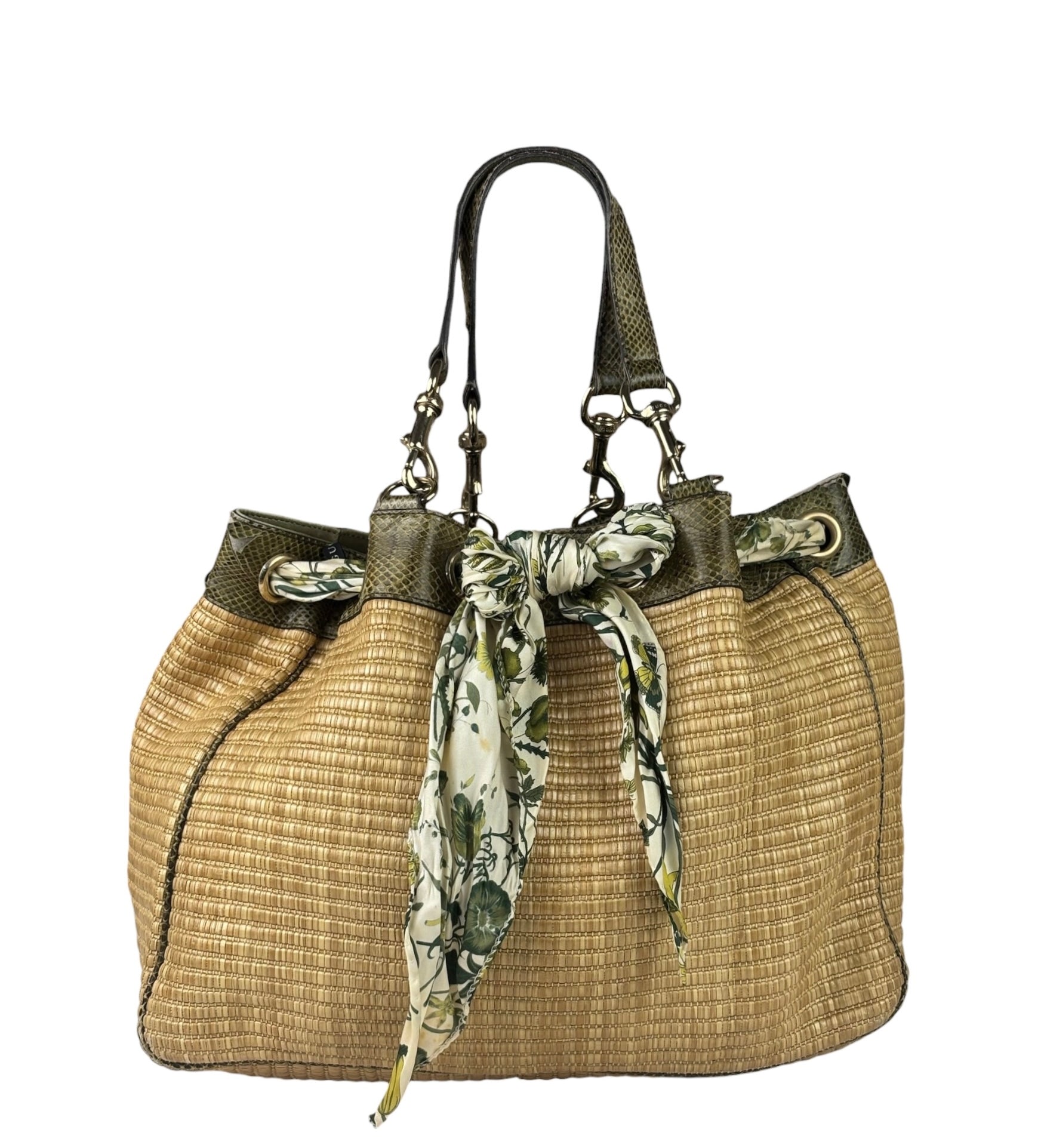 Gucci Brown Snakeskin Trim Large Raffia Positano Tote