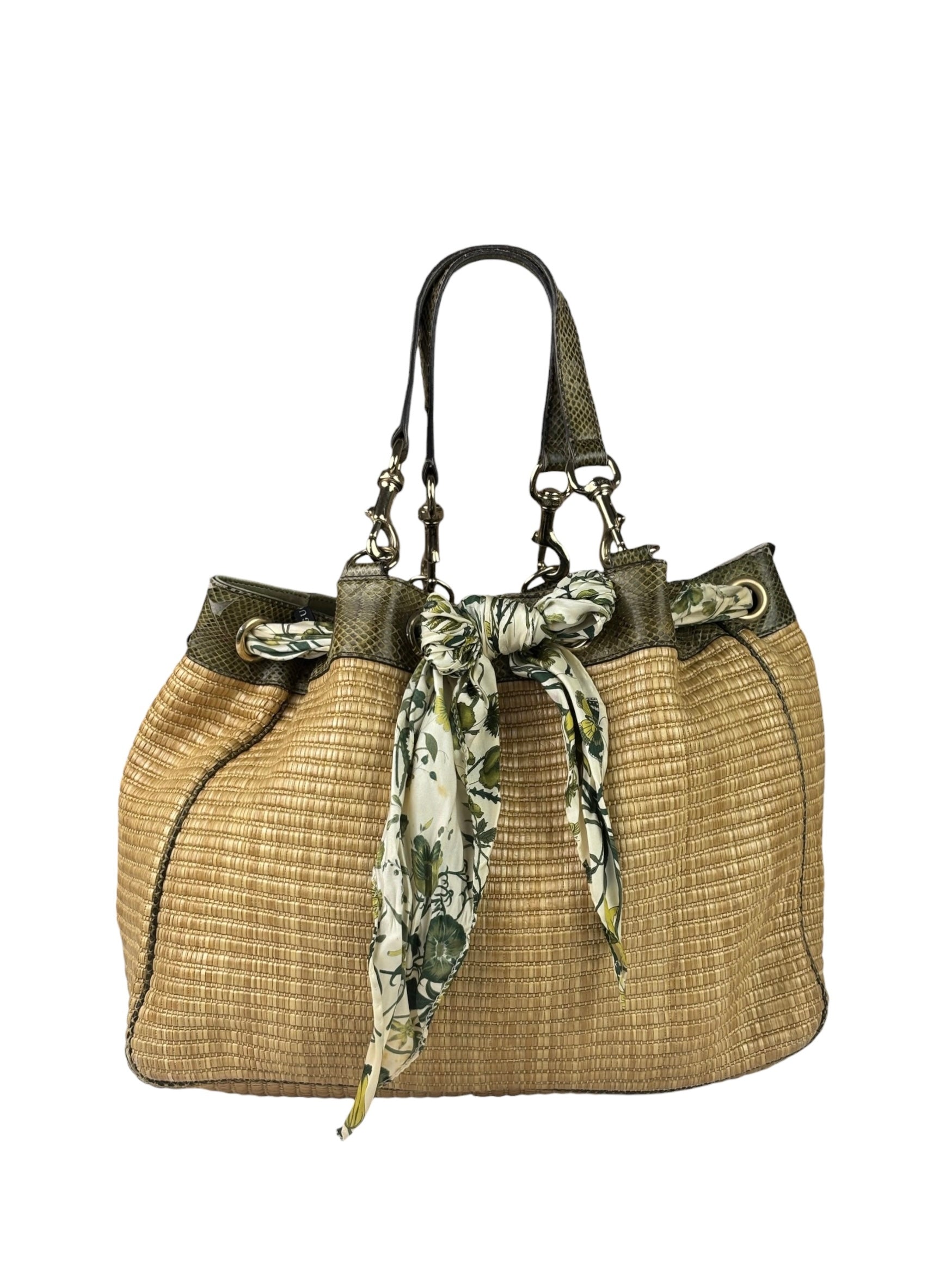 Gucci Brown Snakeskin Trim Large Raffia Positano Tote