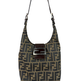 Fendi Brown Leather Trim Zucca Hobo Baguette