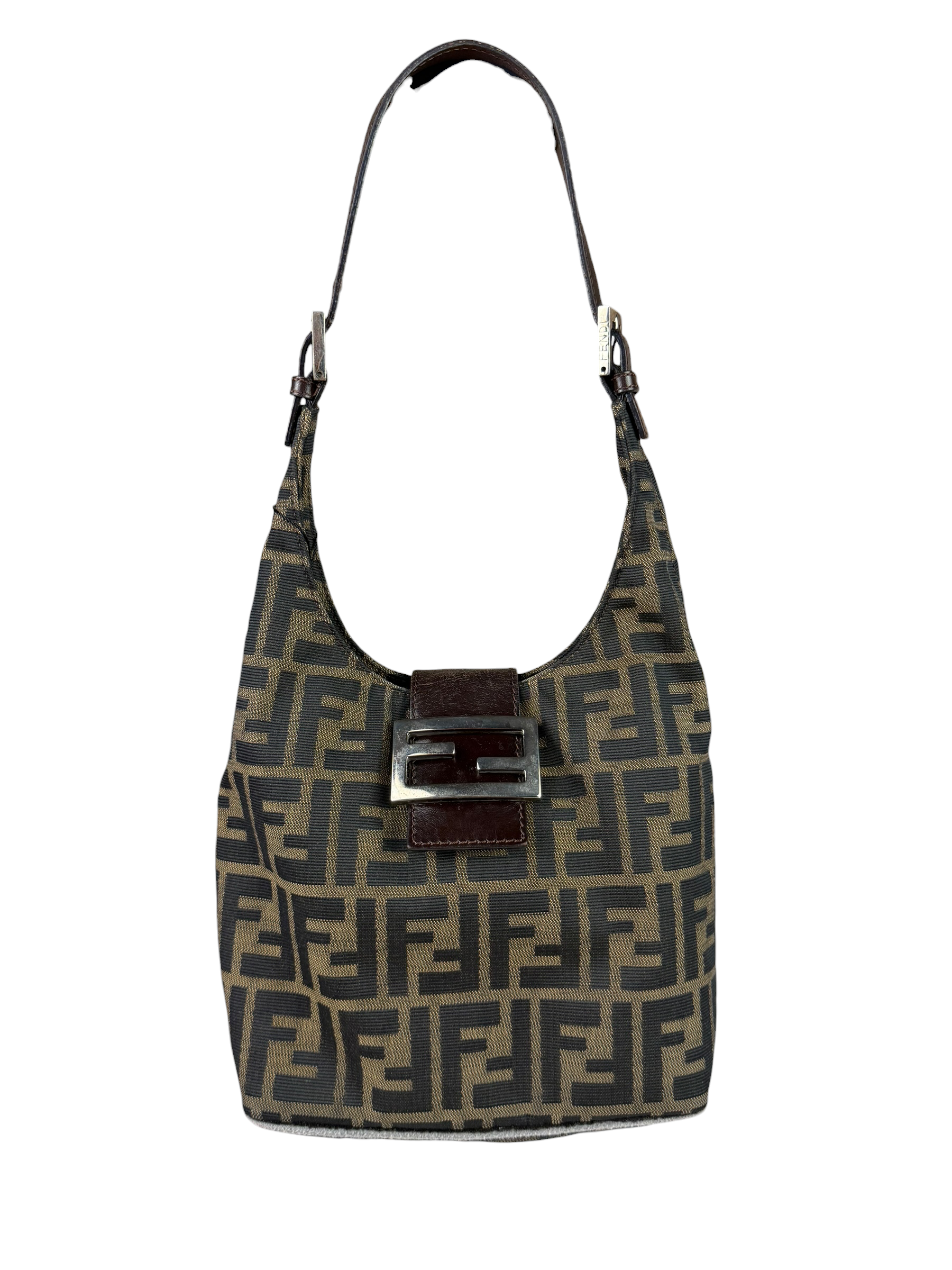 Fendi Brown Leather Trim Zucca Hobo Baguette