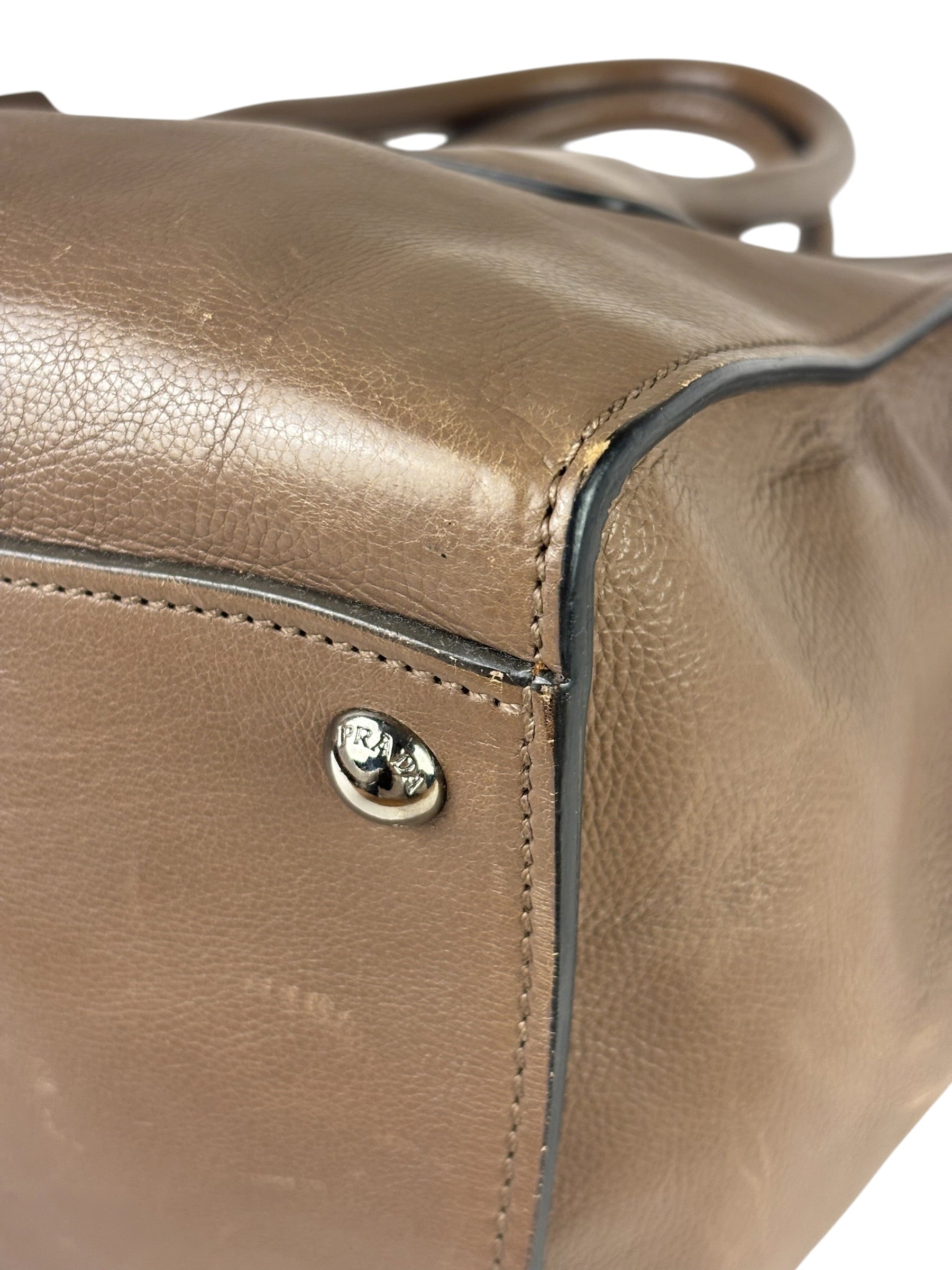 Prada Neutral Taupe Glace Calf Twin Pocket Two-Way Tote