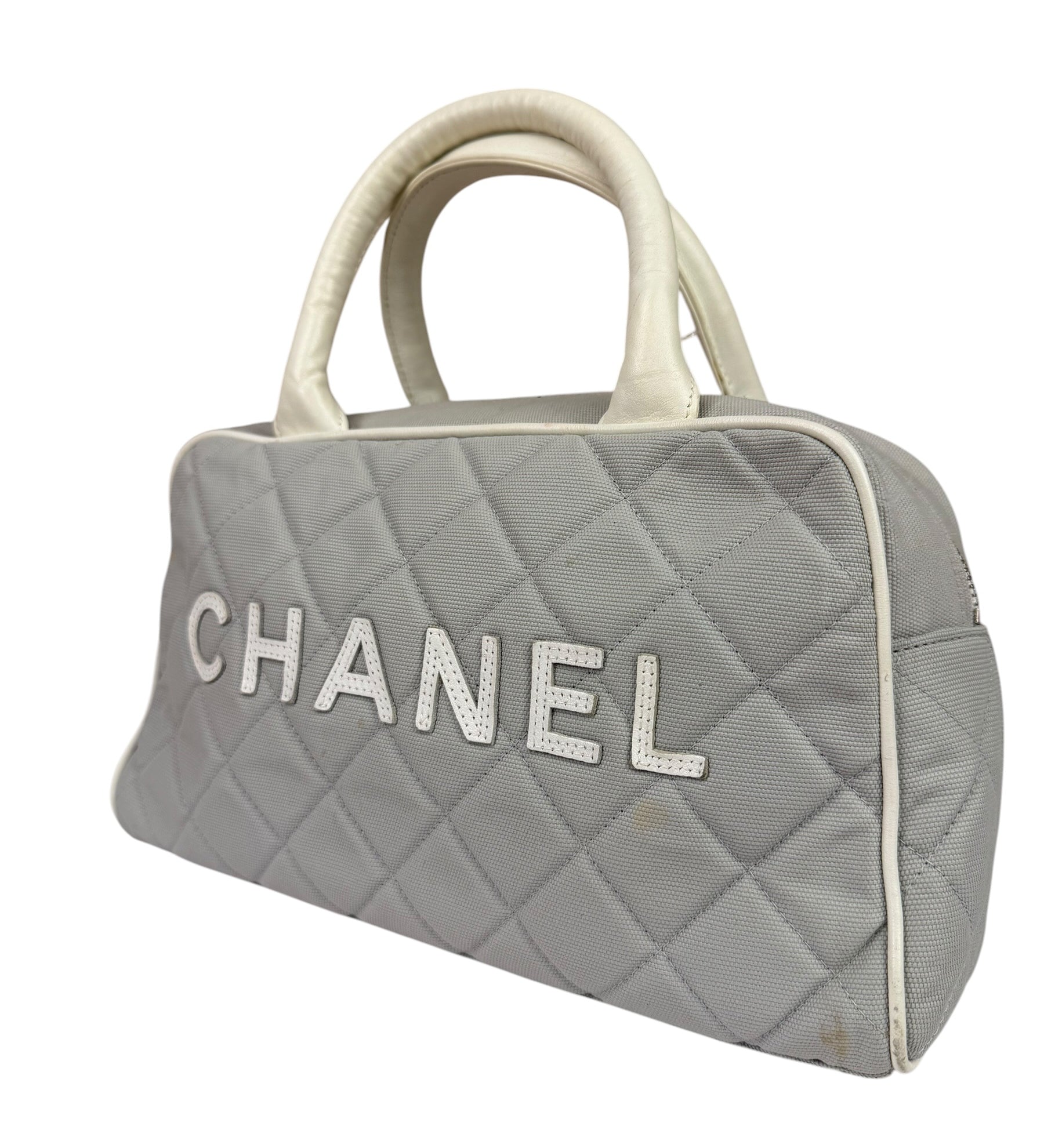 Chanel Grey Quilted Leather Trim Bowling Bag 2000