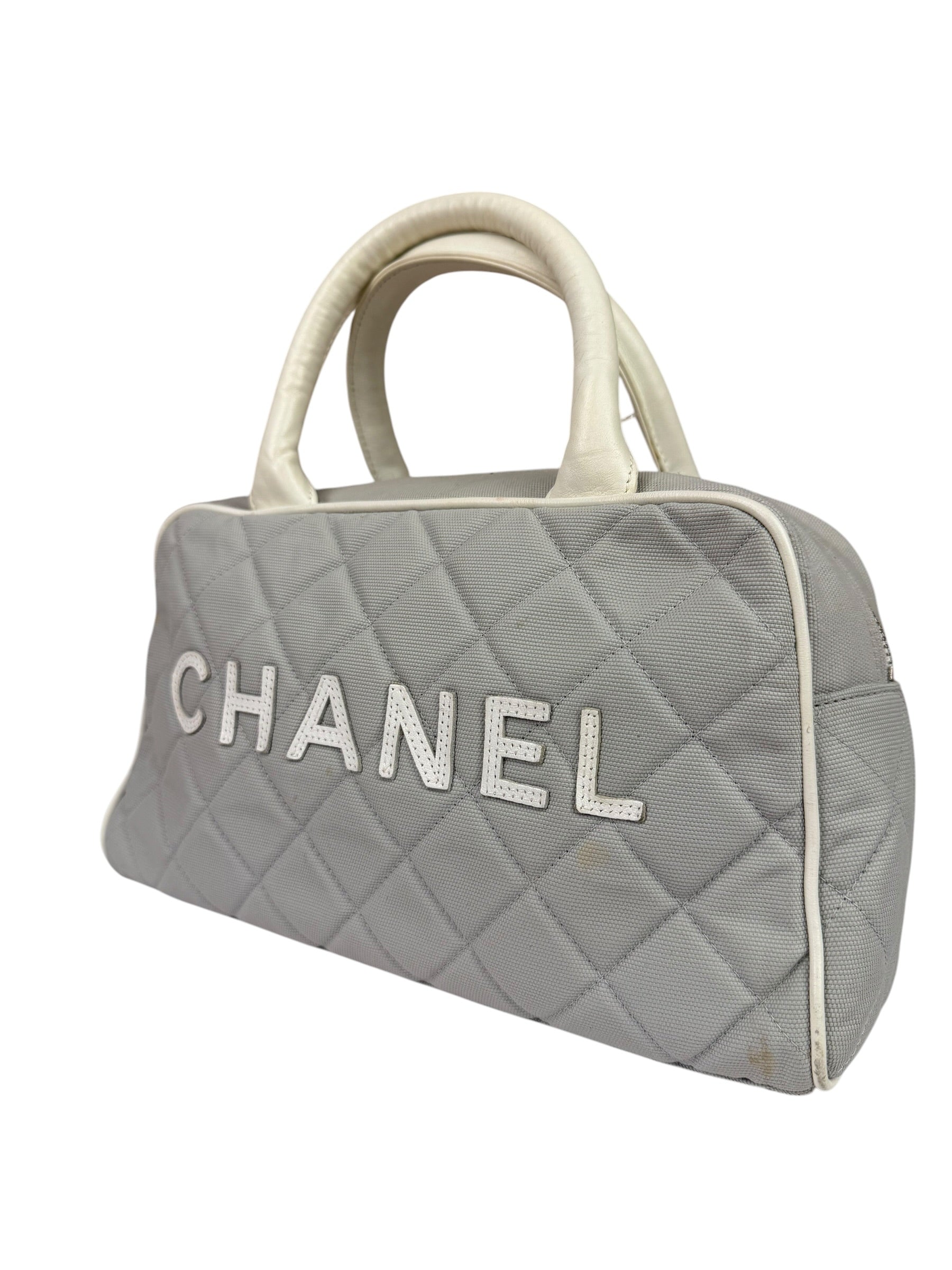 Chanel Grey Quilted Leather Trim Bowling Bag 2000