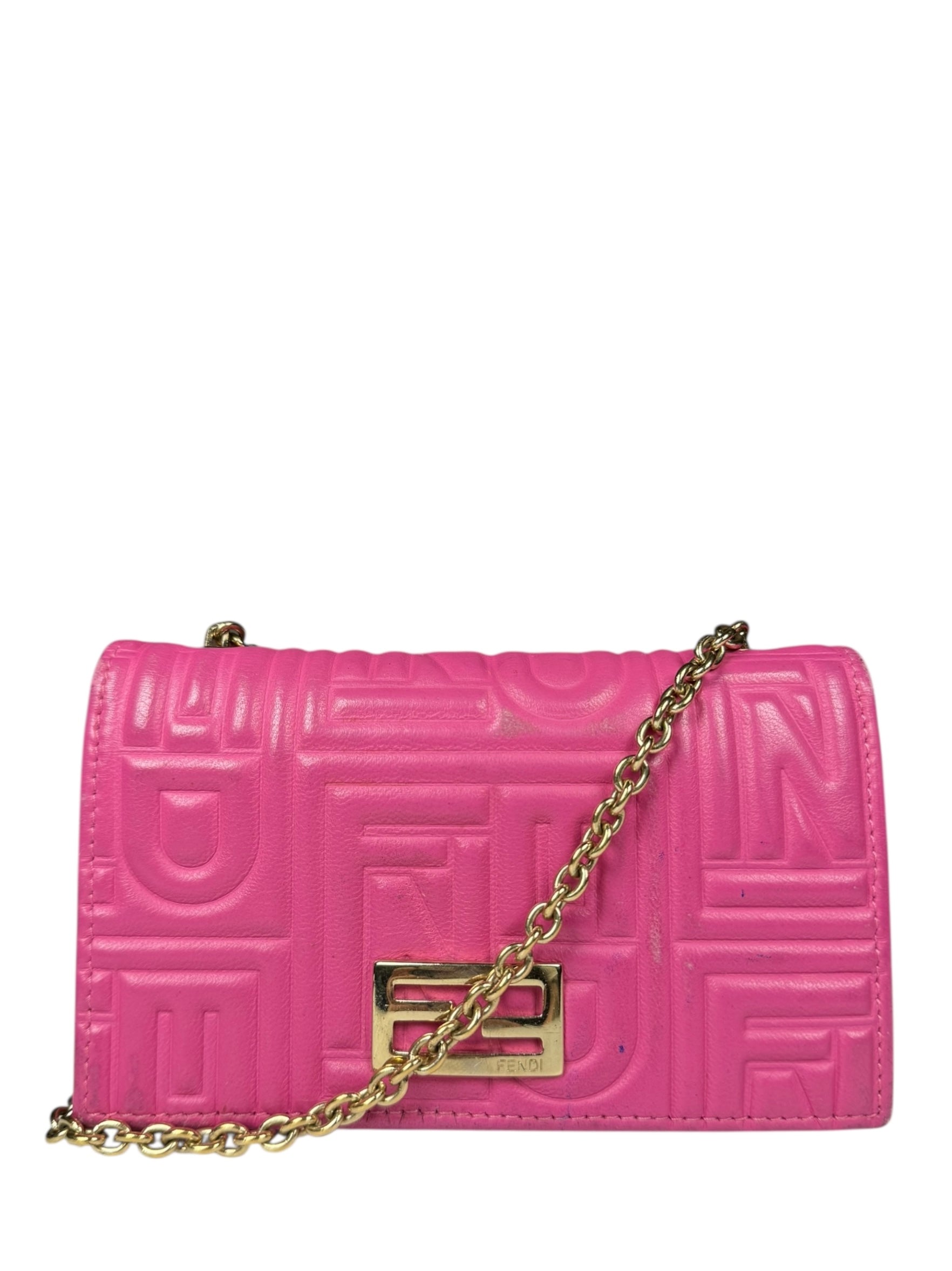 Fendi Roma Pink Leather Embossed Wallet on Chain